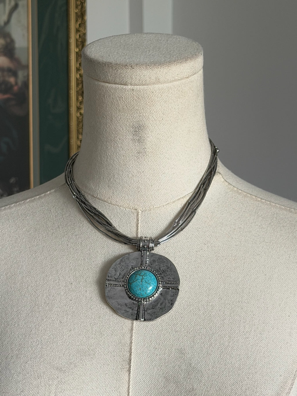 Turquoise Stone Collar Necklace | Oxidized Silver Statement Pendant