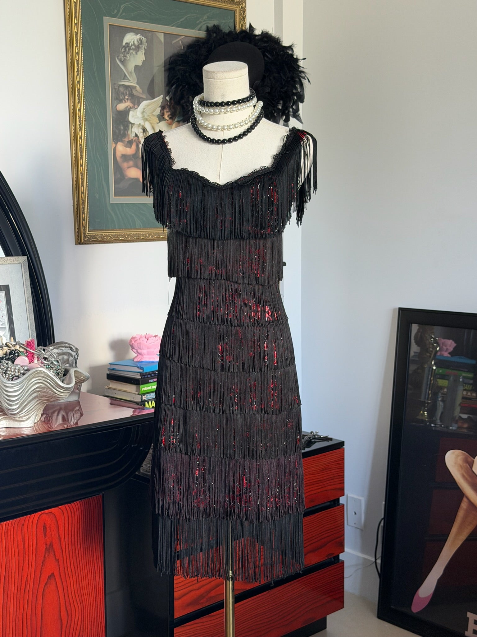 Vintage Morgan & Co. Black Fringe & Red Sequin Dress