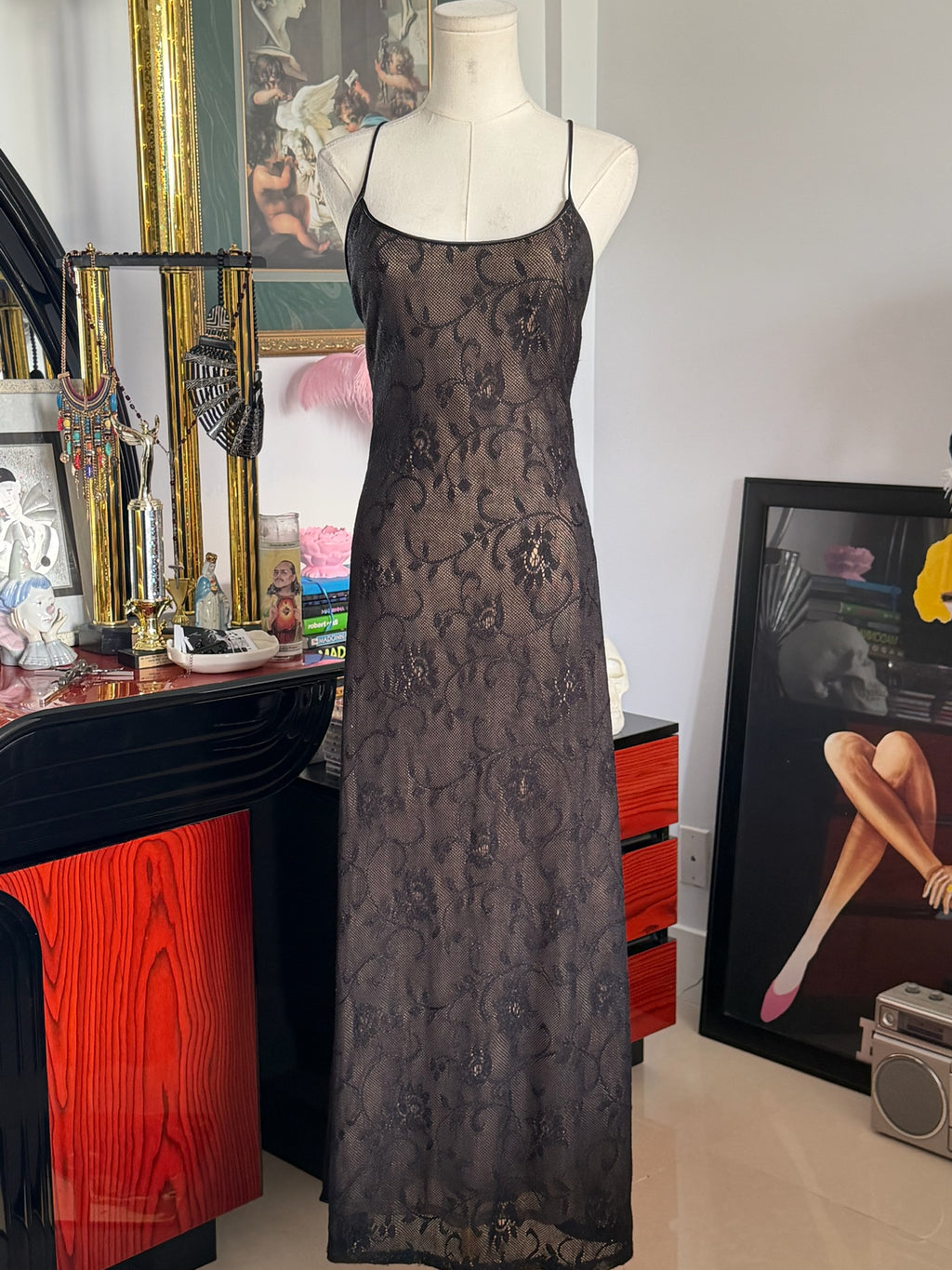 Vintage Sheer Black Lace Maxi Slip Dress | Open Crisscross Back | 90s Minimalist