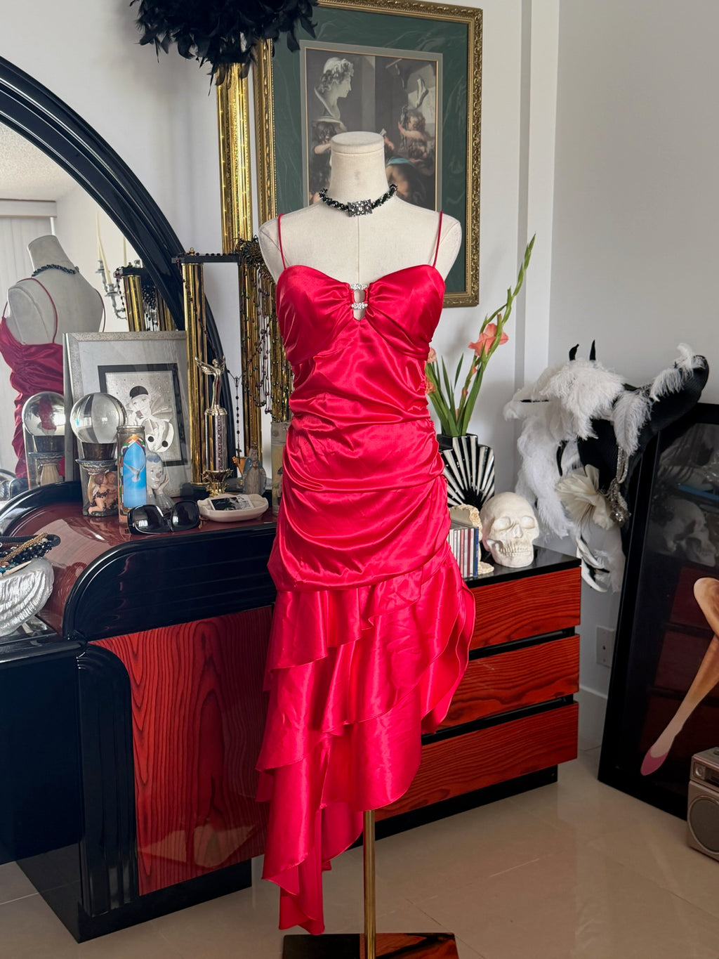 Blondie Nites Y2K Red Satin Rhinestone Ruffle Maxi Dress