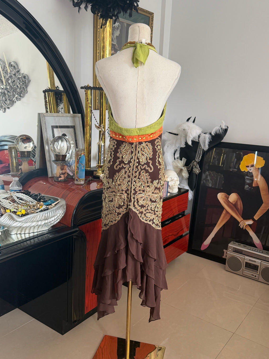 Vintage Sue Wong Couture 100% Silk Embroidered Halter Midi Dress | Size 6
