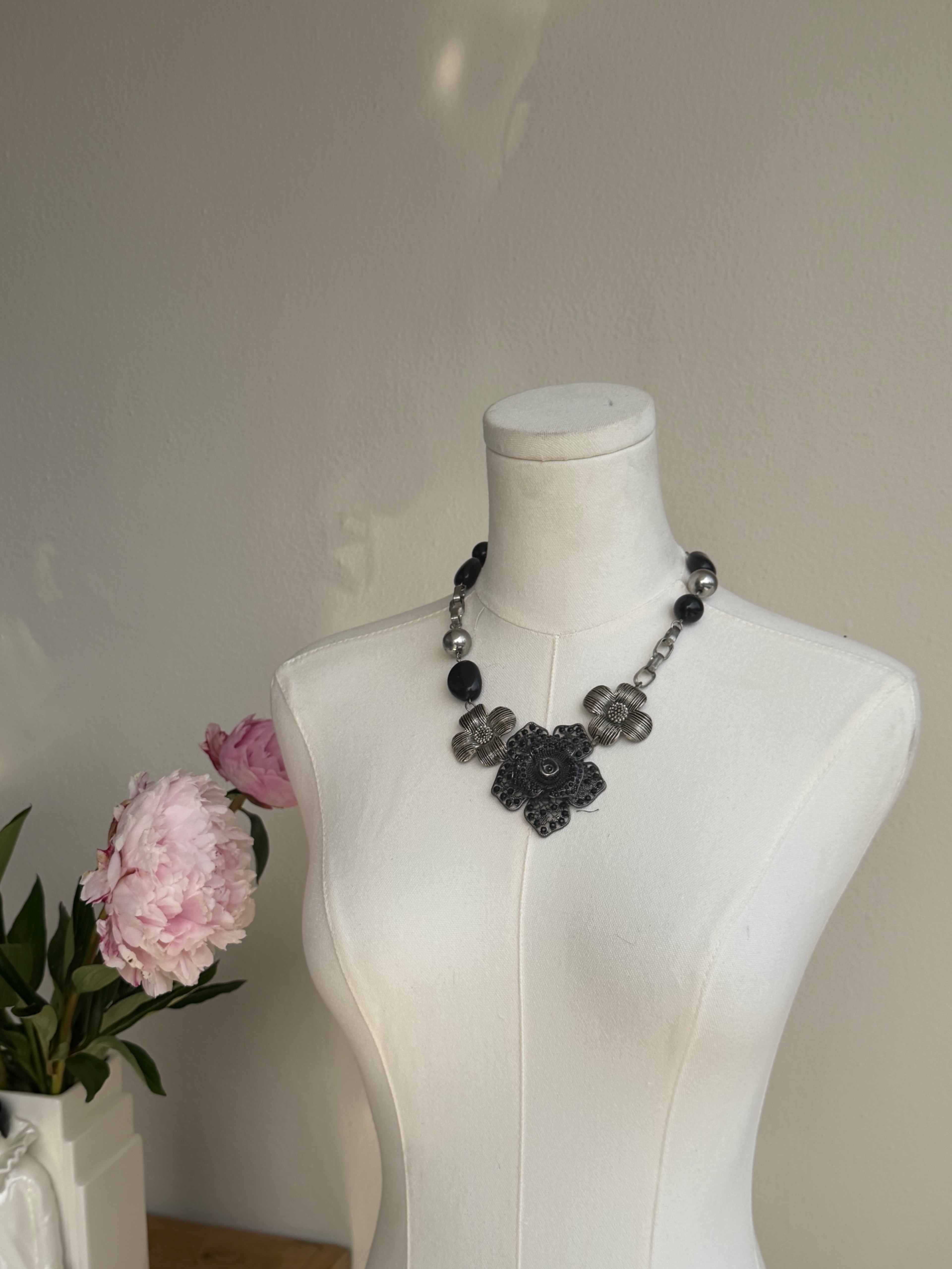 Black & Silver Floral Statement Necklace