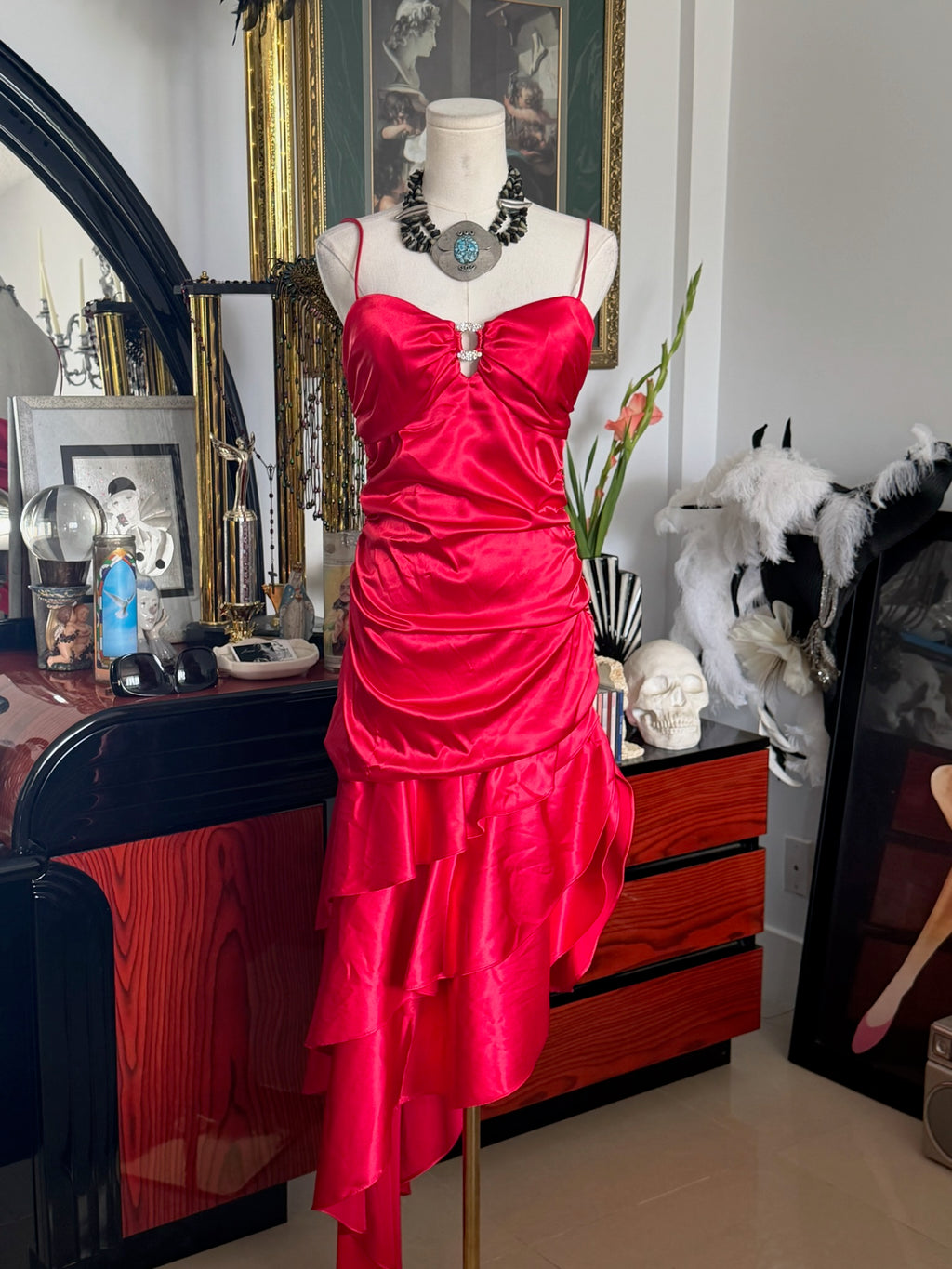Blondie Nites Y2K Red Satin Rhinestone Ruffle Maxi Dress