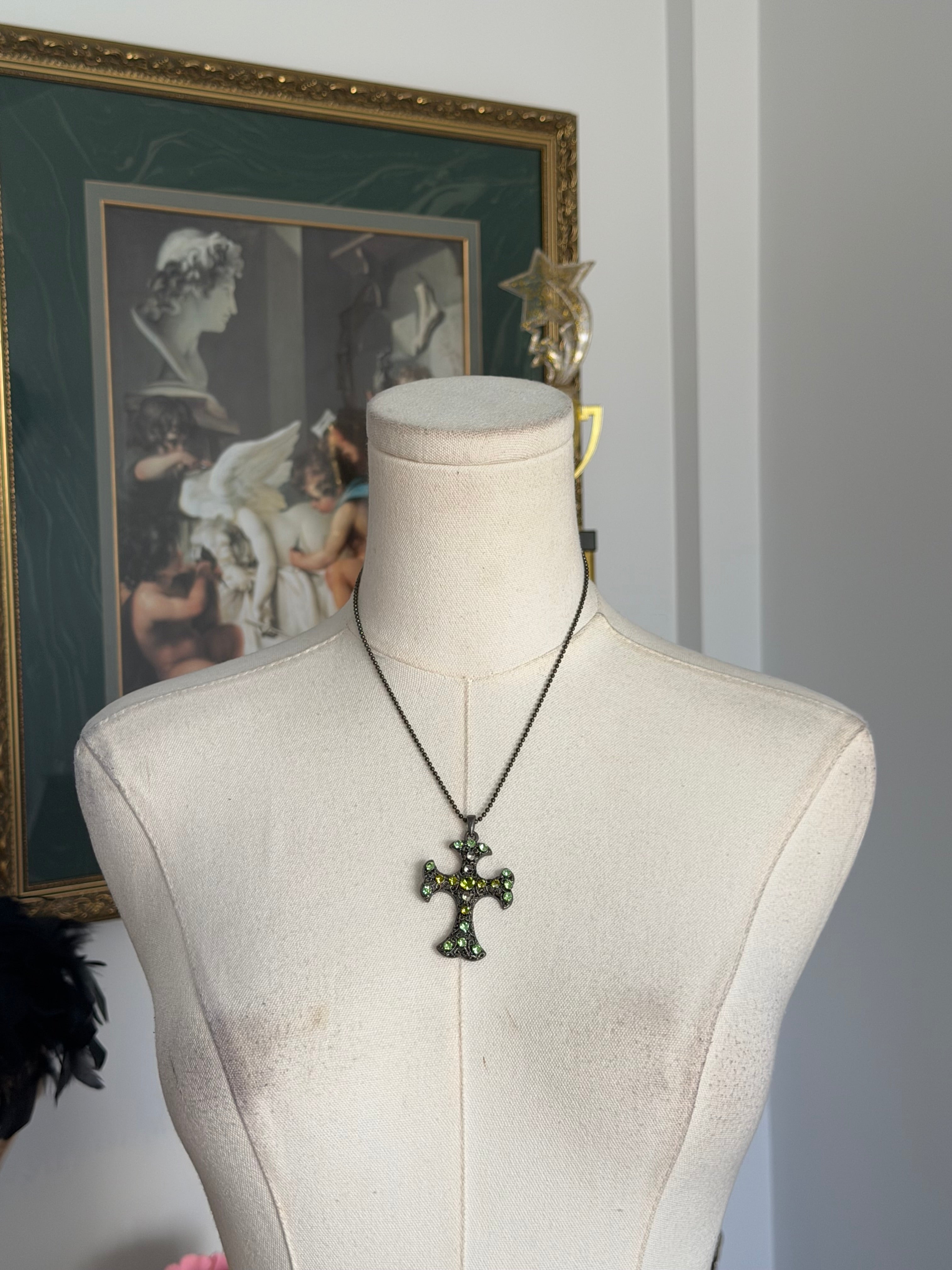 Vintage Green Rhinestone
Cross Necklace
