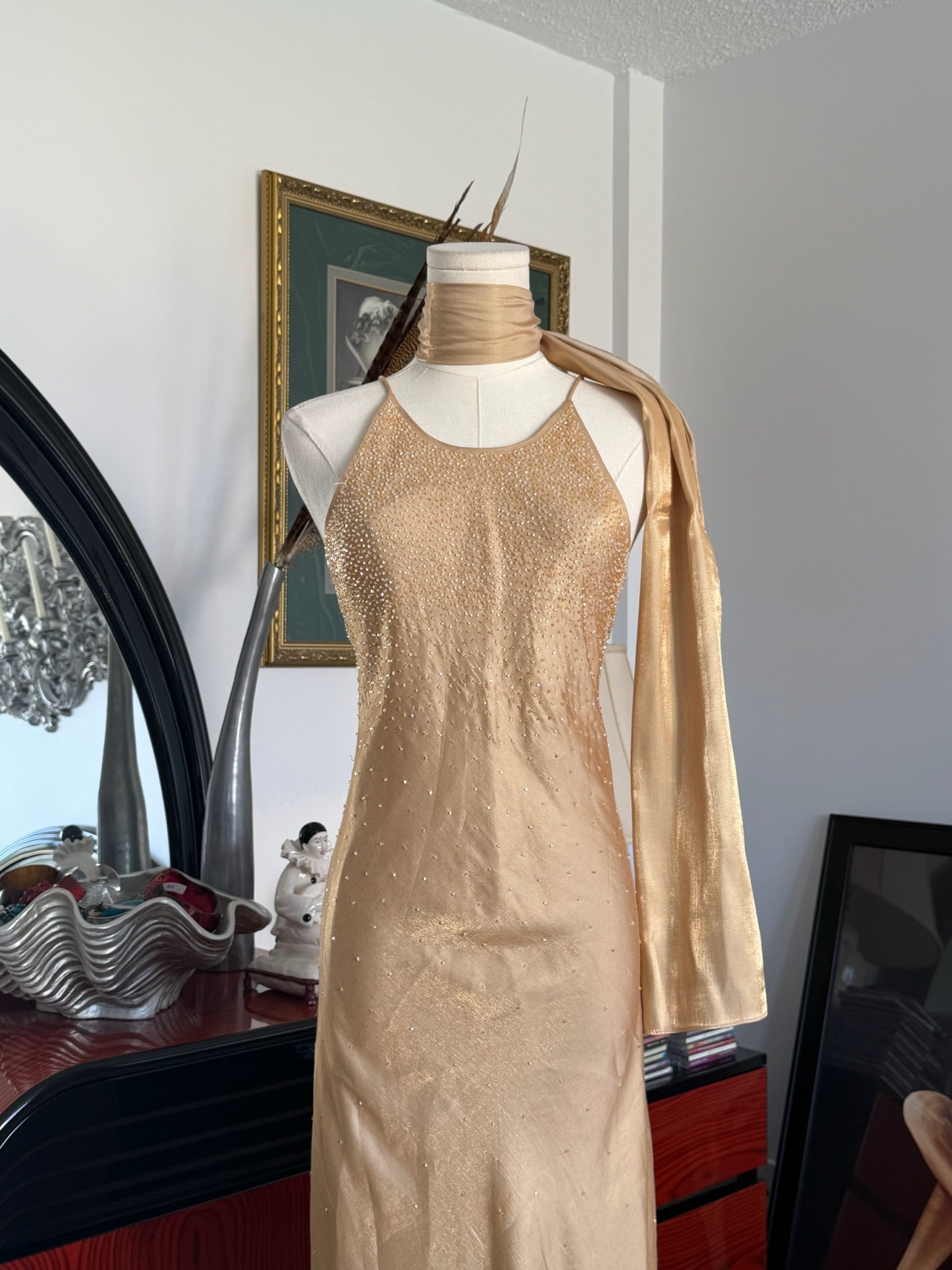 Champagne Gold Beaded Halter Gown + Scarf