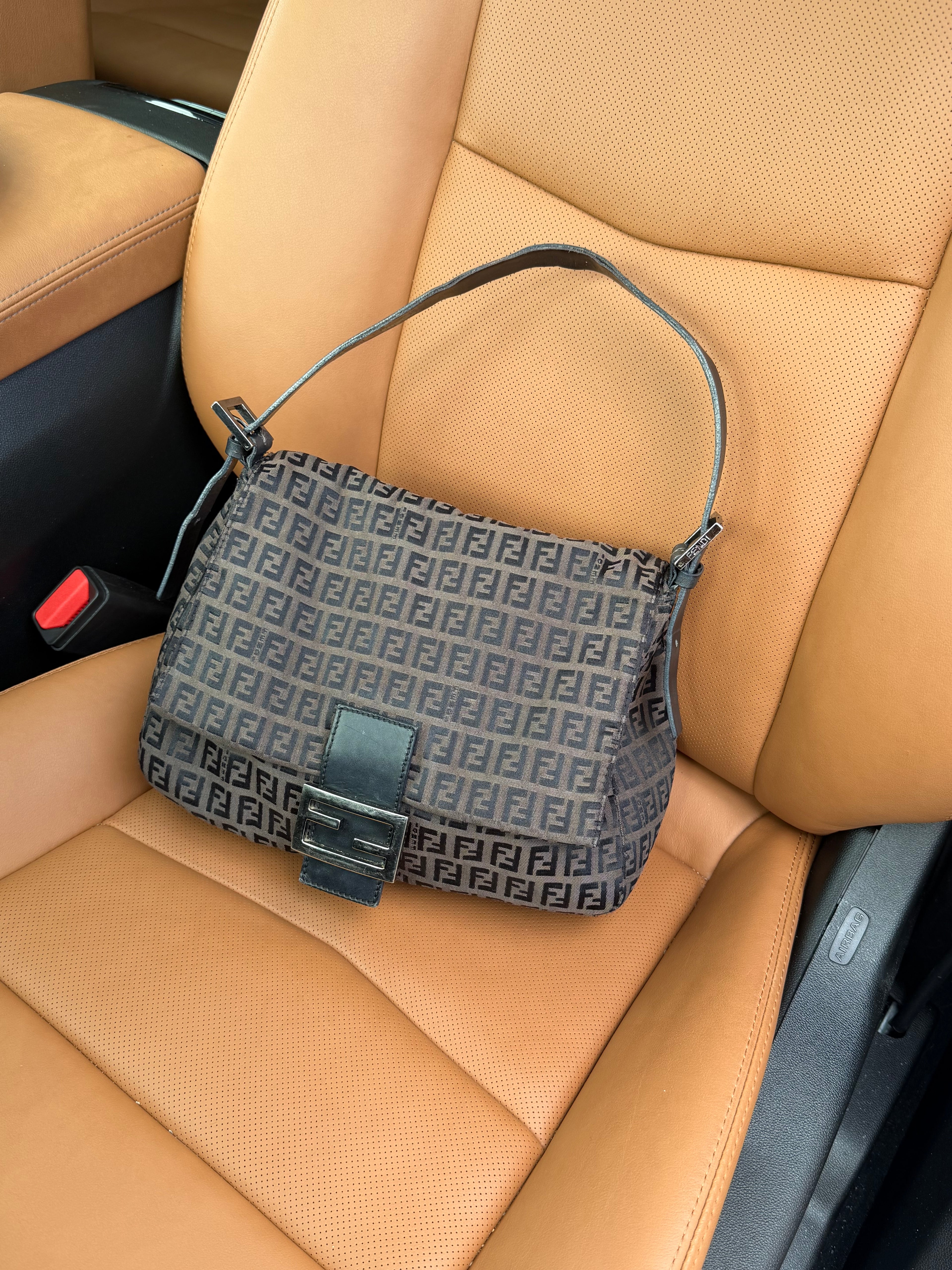 Fendi Mamma Baguette / Large Zucca Canvas Shoulder Bag — Brown & Black / Silver Hardware