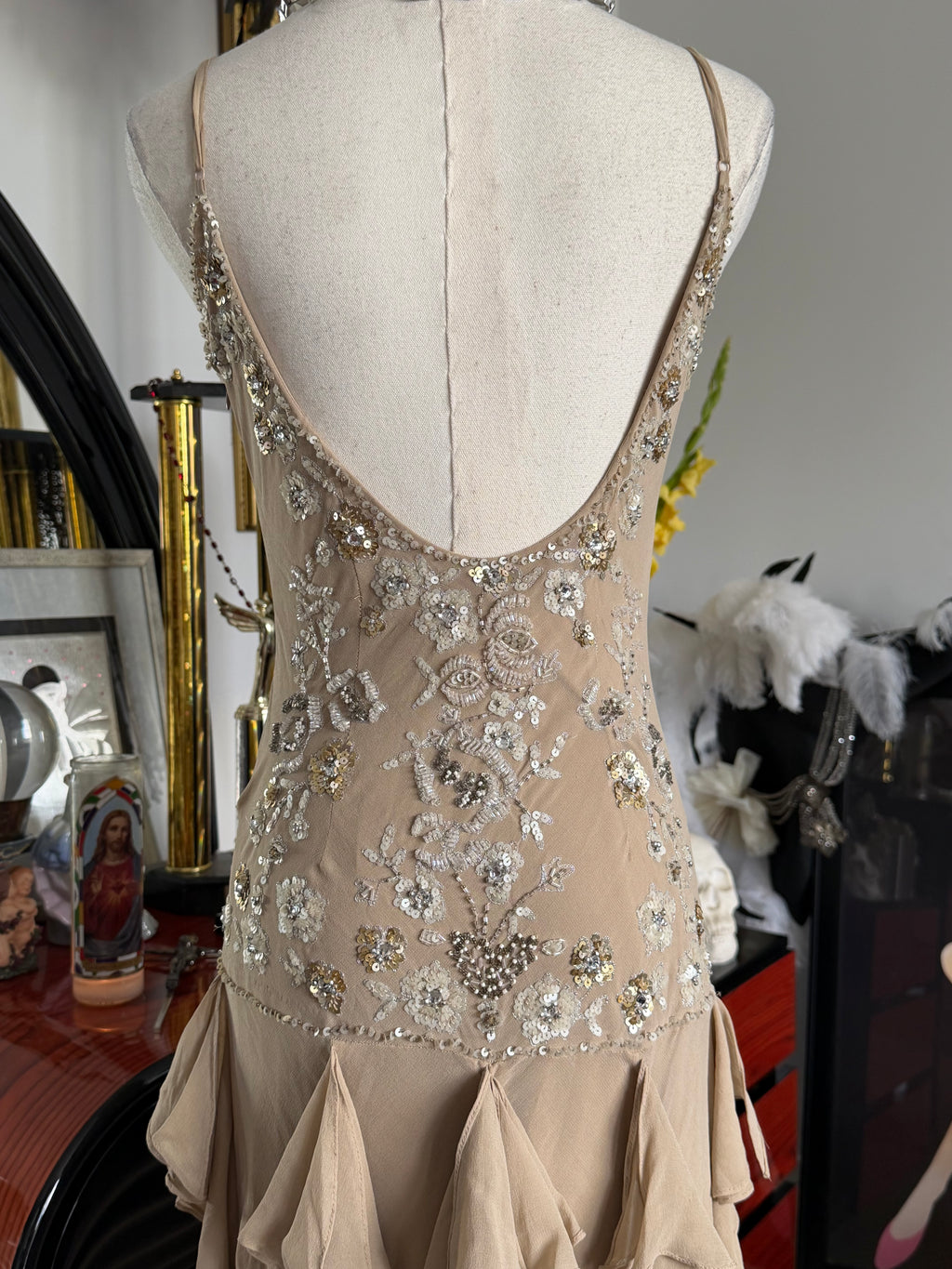 Sue Wong 100% Silk Hand Beaded Champagne Ruffle Dress