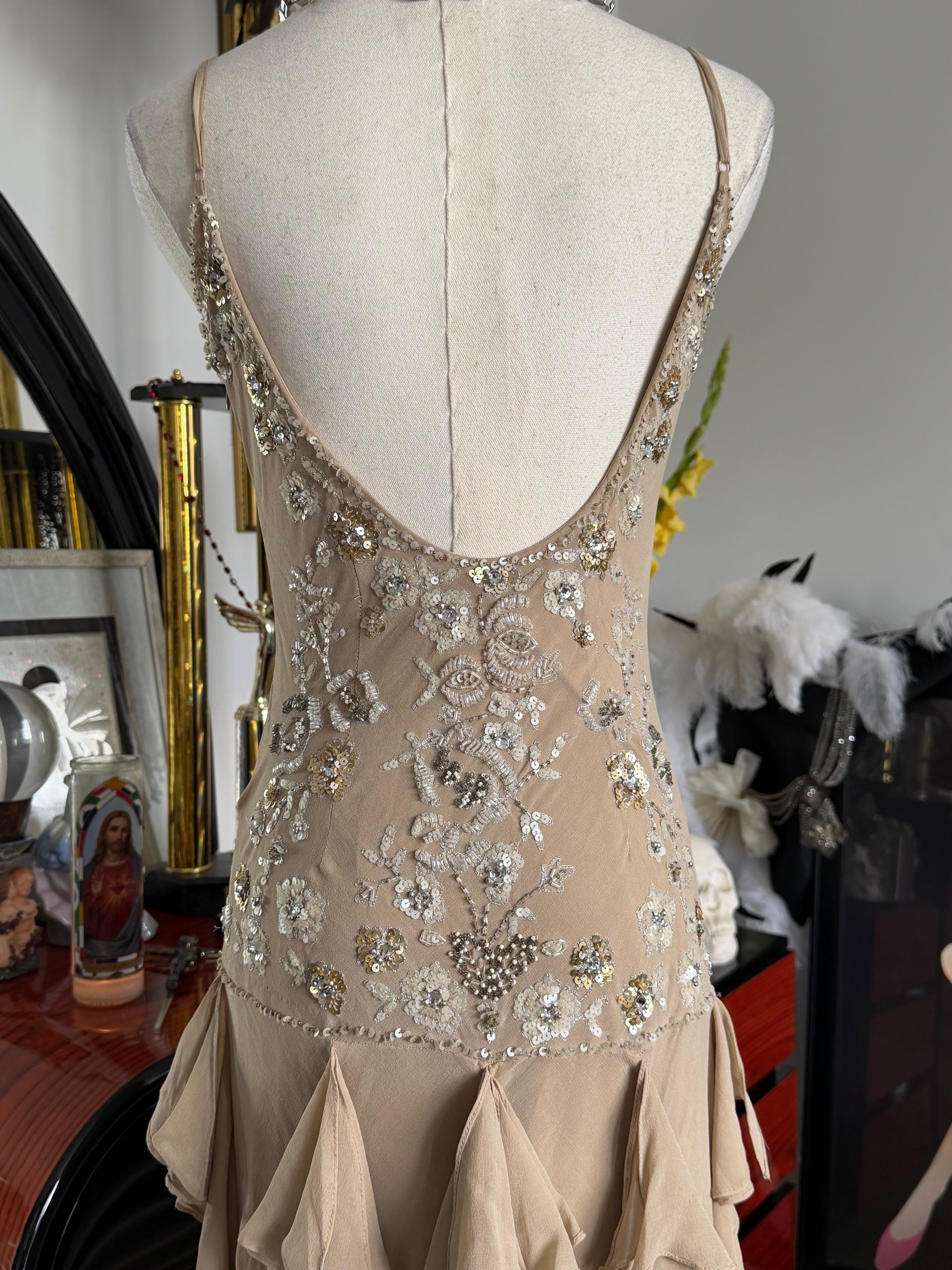 Sue Wong 100% Silk Hand Beaded Champagne Ruffle Dress