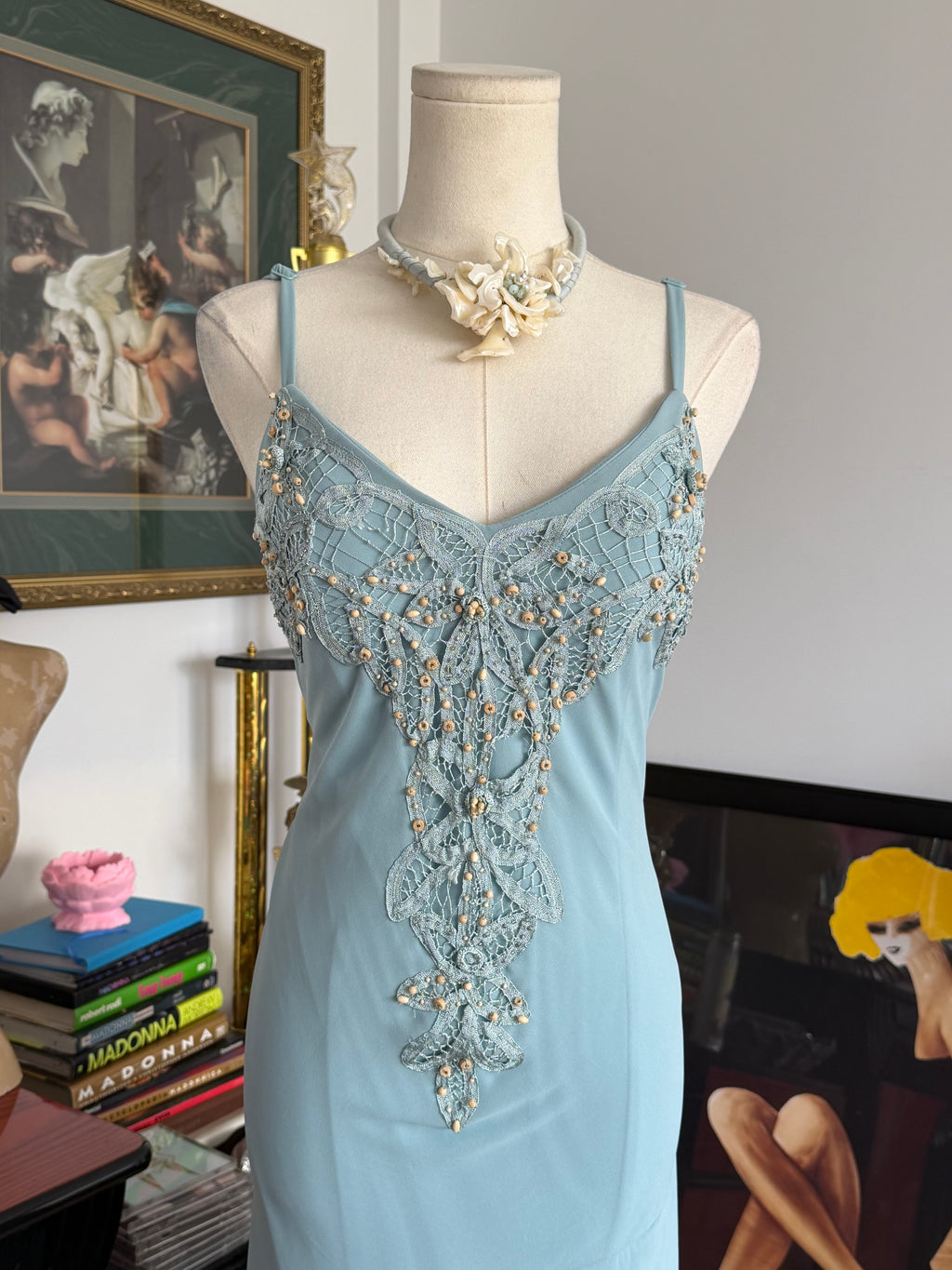 Vintage R&M Richards Ice Blue Beaded Lace Dress | M