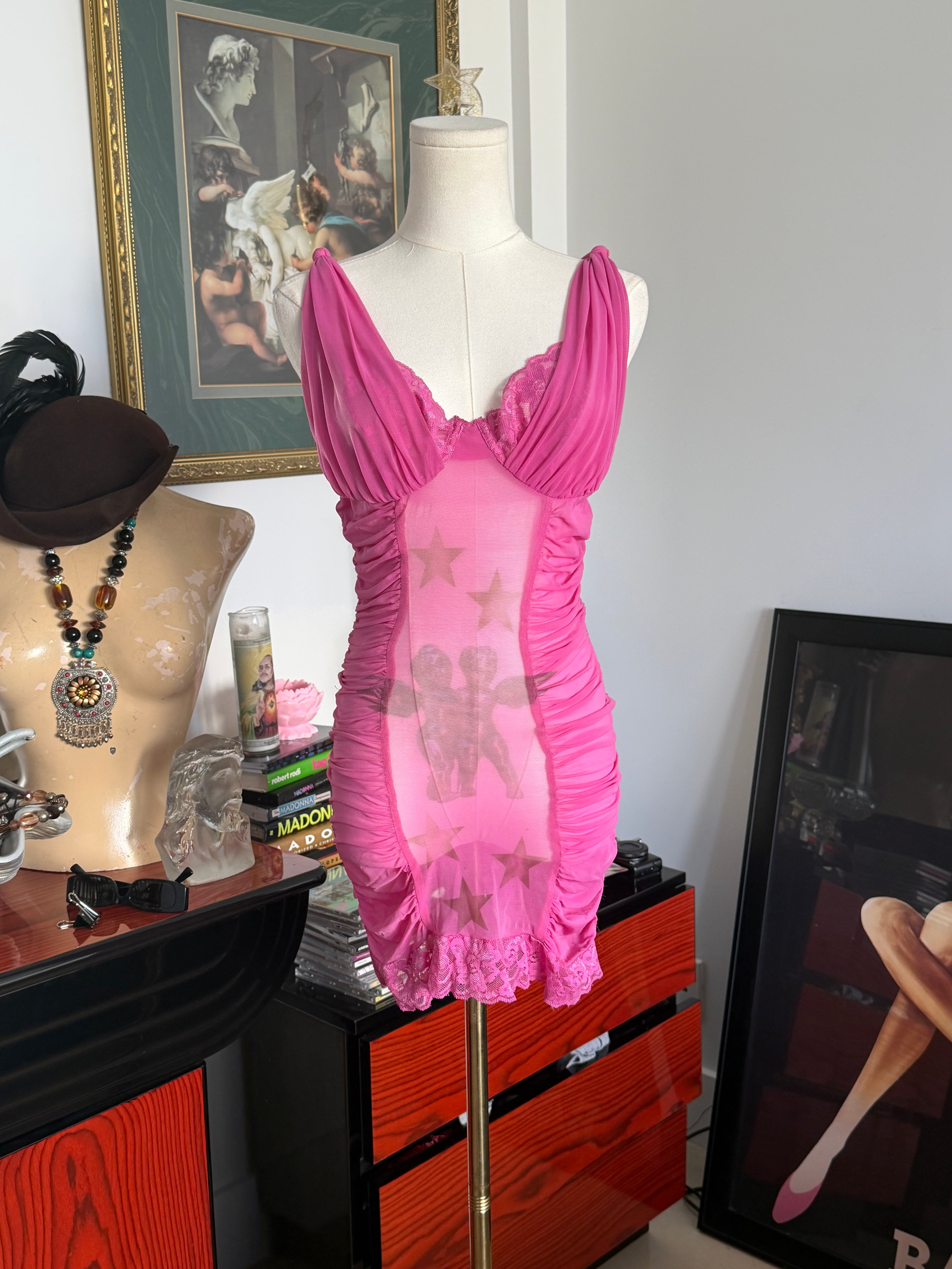 Frederick’s of Hollywood Pink Sheer Ruched Mini Dress xs- s
