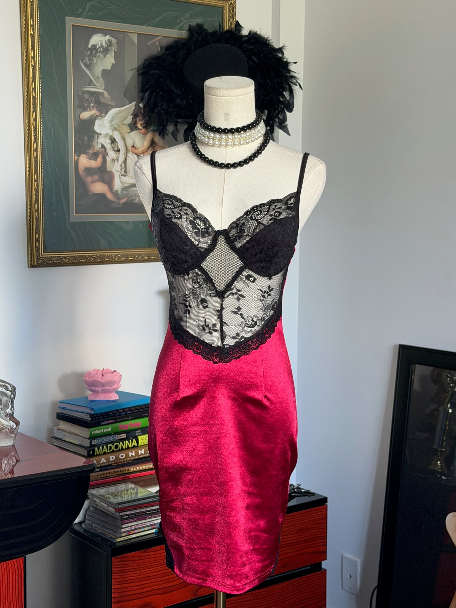 CEFIAN Lace Corset Satin Slip Dress – Black & Ruby Red | Size S