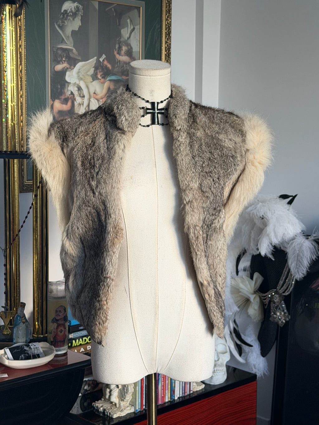 Vintage Genuine Rabbit Fur Vest – Natural Brown & Ivory Luxe Bohemian Layer
