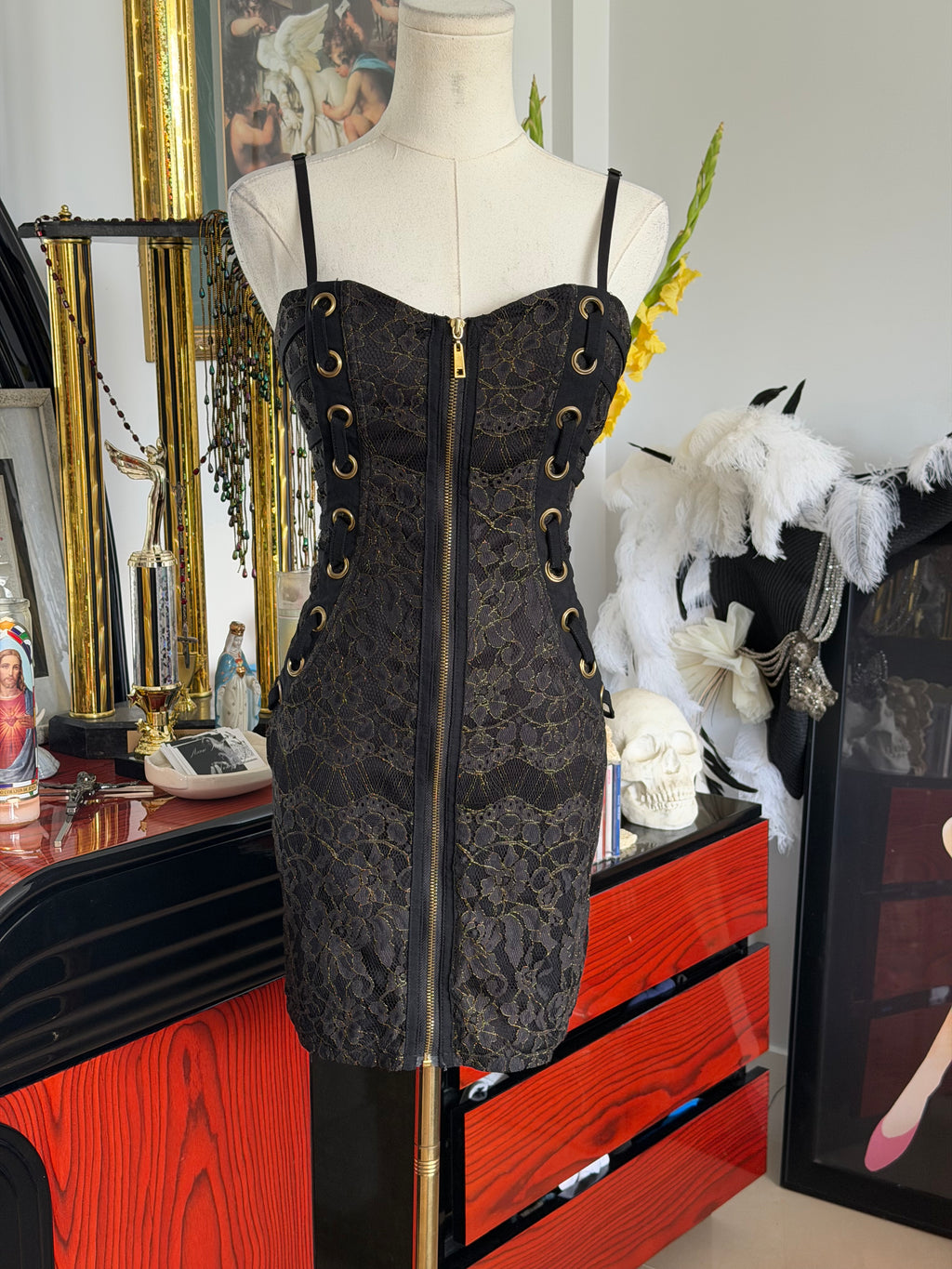 Entry Black Lace Corset Lace-Up Mini Dress