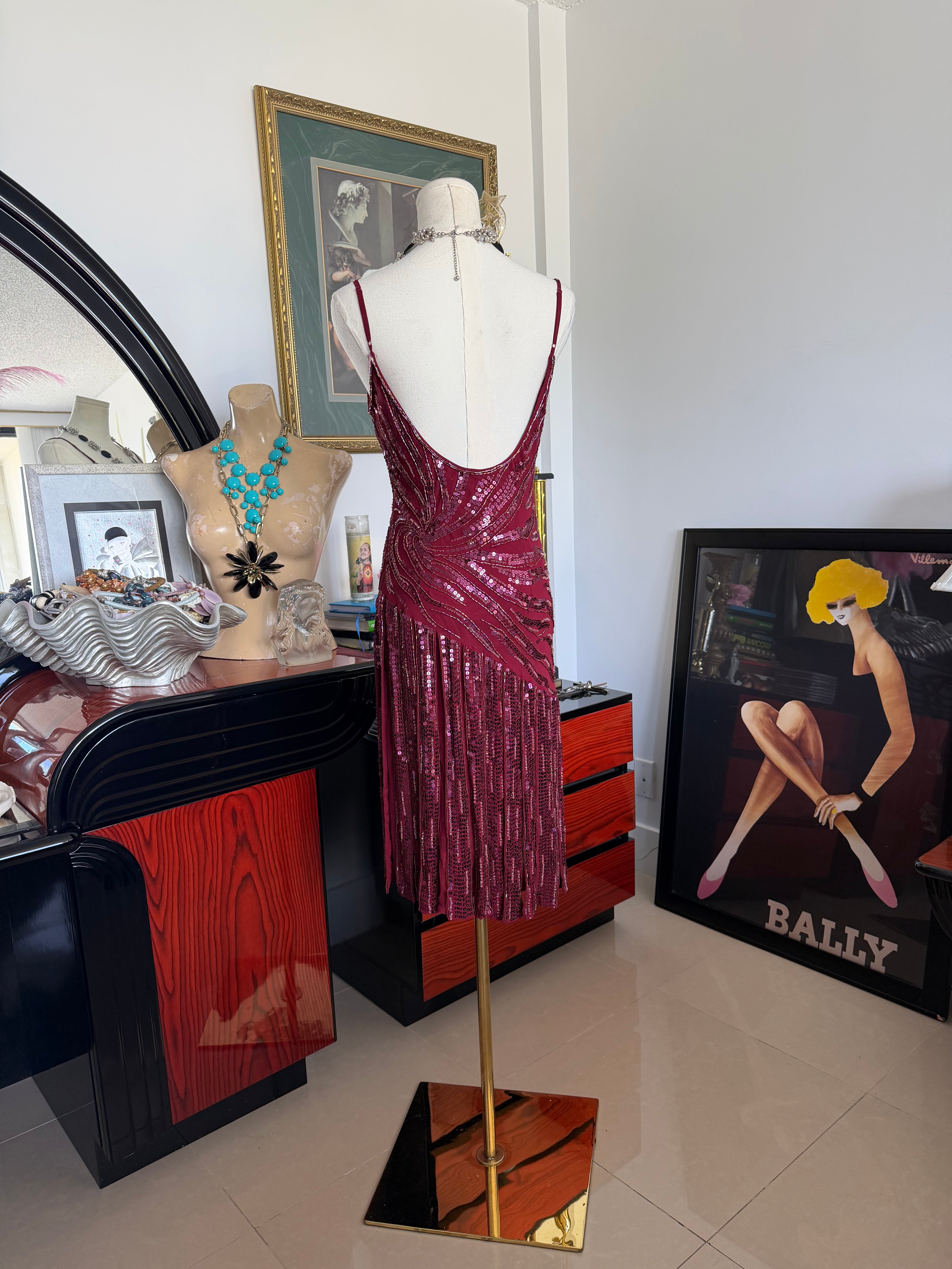Vintage Sue Wong Burgundy Silk Beaded Cocktail Dress – Size 6