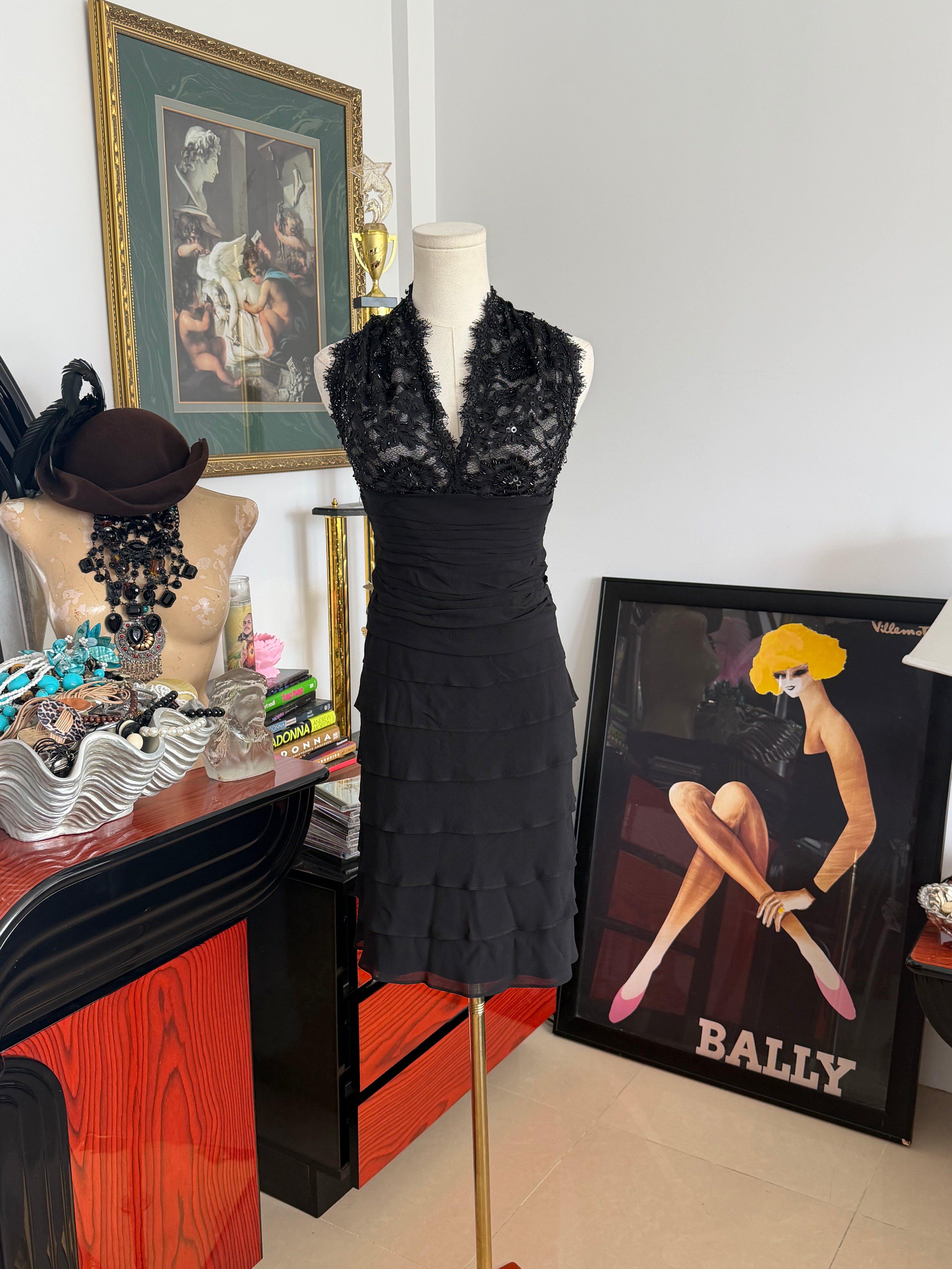 Tadashi Black Silk Beaded Halter Cocktail Dress S-M