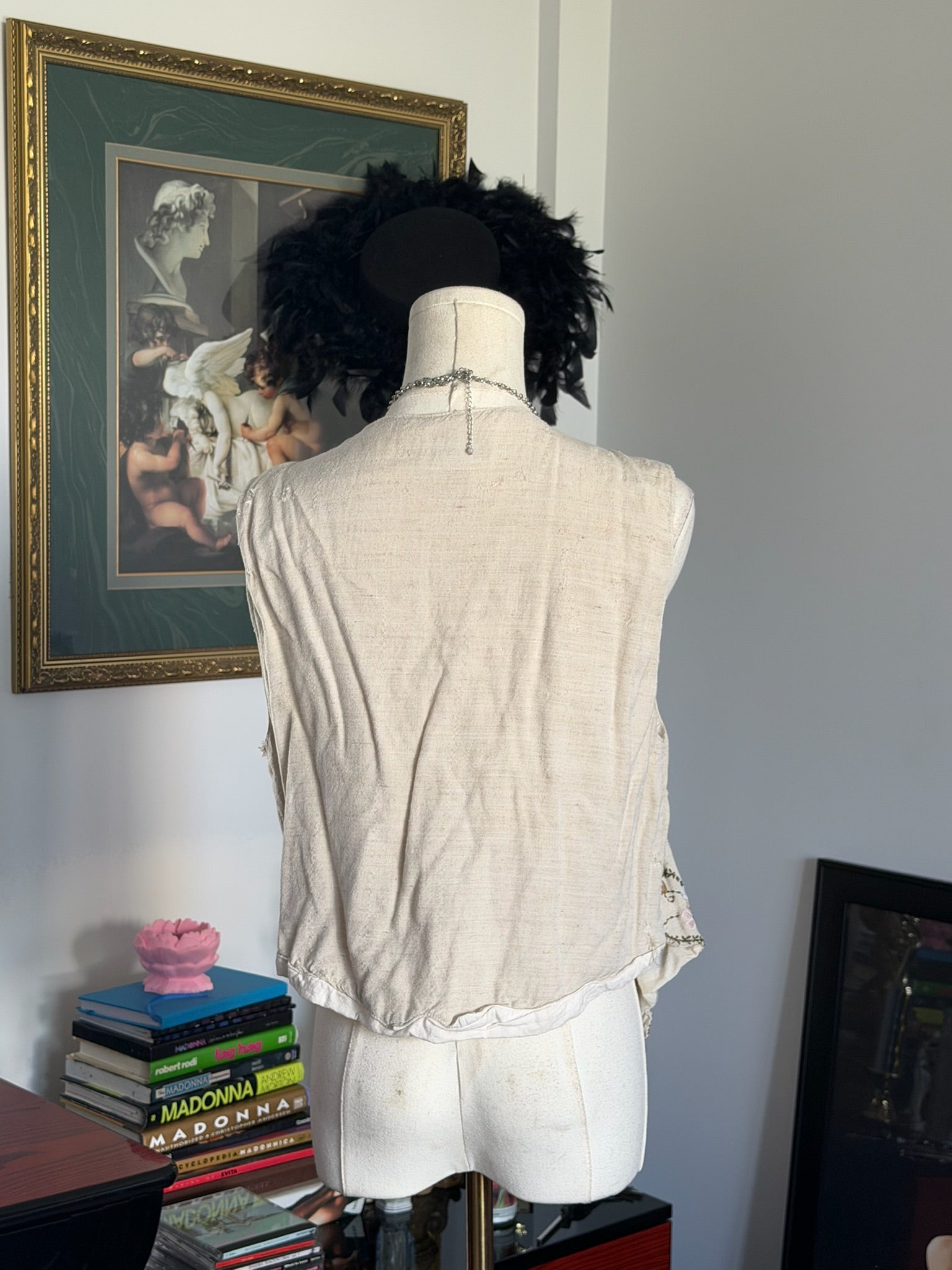 Vintage Mini Mode Embroidered Linen Blend Vest | Floral Boho | Size S