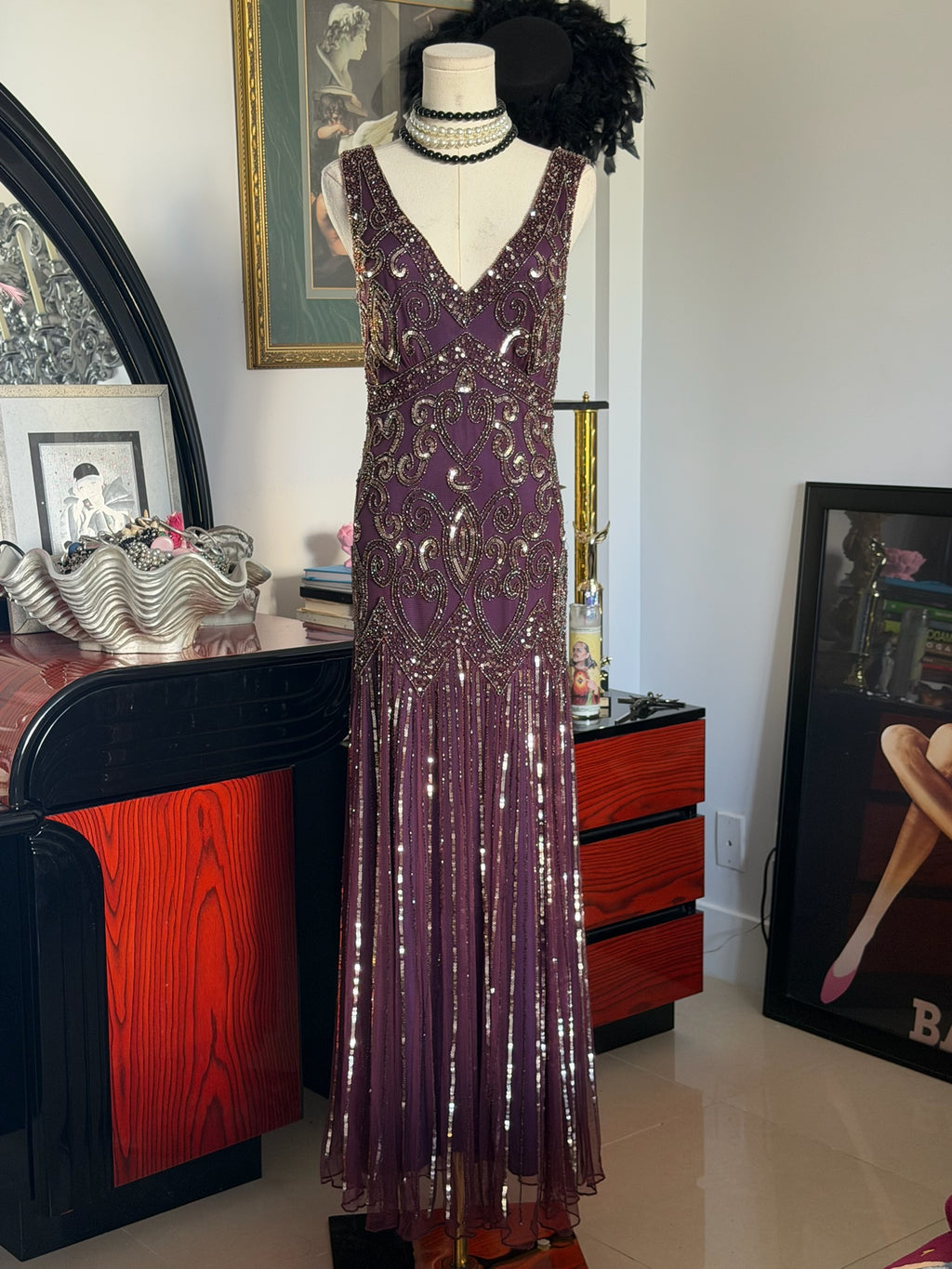 Pisarro Nights Hand-Beaded Plum Art Deco Evening Gown