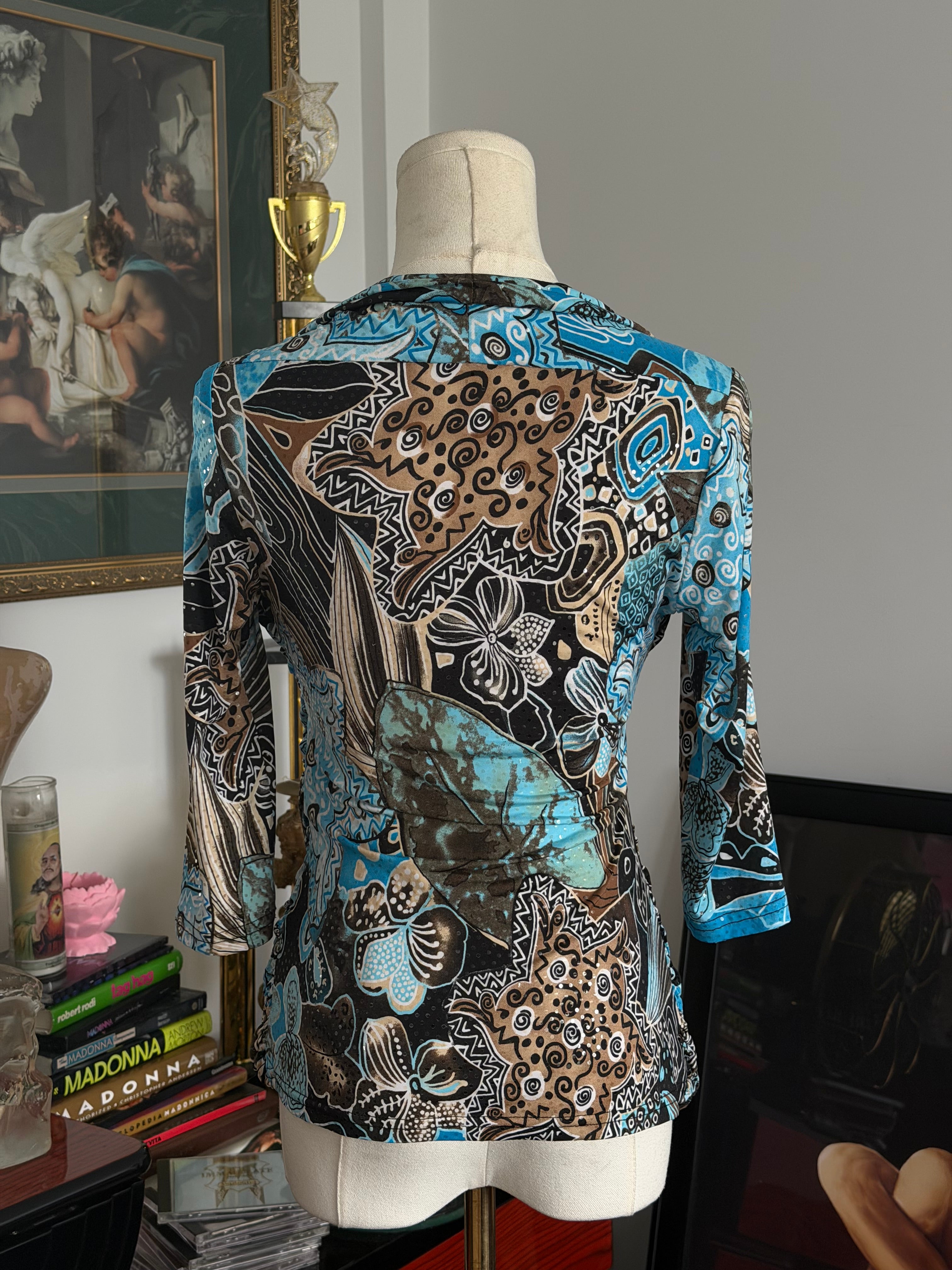 Vintage Joseph Ribkoff Abstract Ruched Mesh Top- S-M