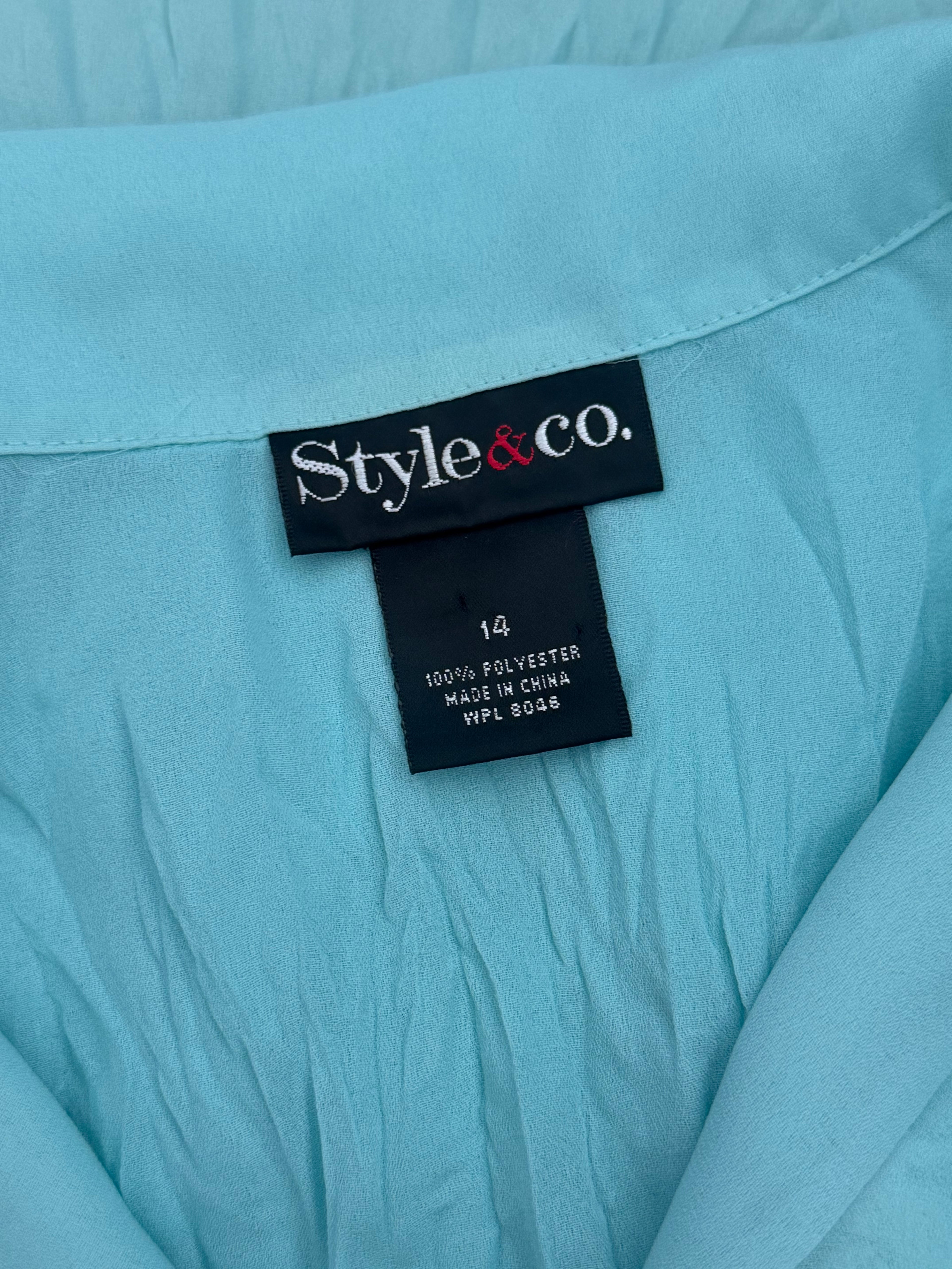 Style & Co. Aqua Blue Ruffle Lace Blouse | Romantic Victorian-Inspired Top | Size 14