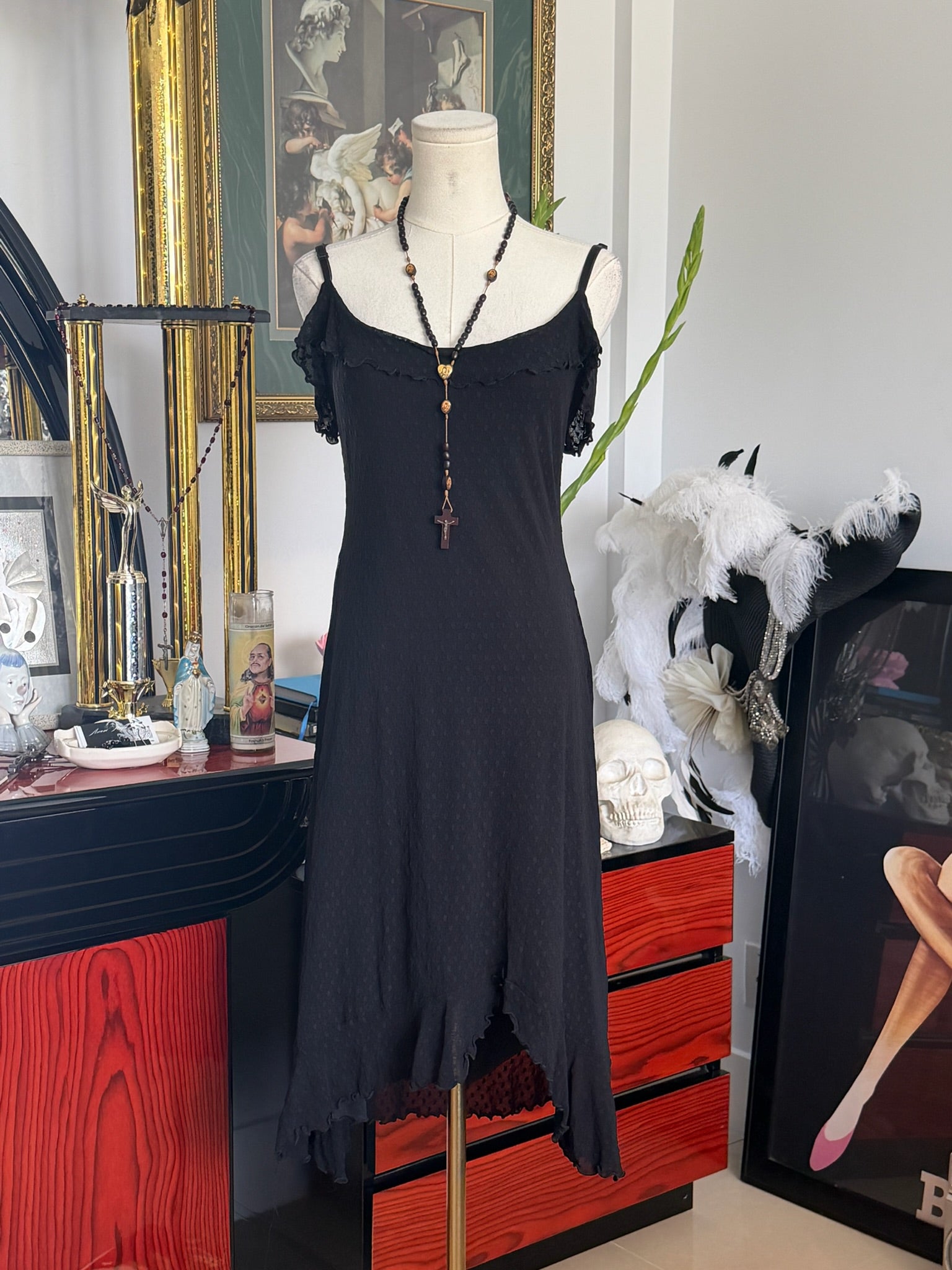 Vintage Betsey Johnson New York Black Asymmetrical Ruffle Midi Dress
