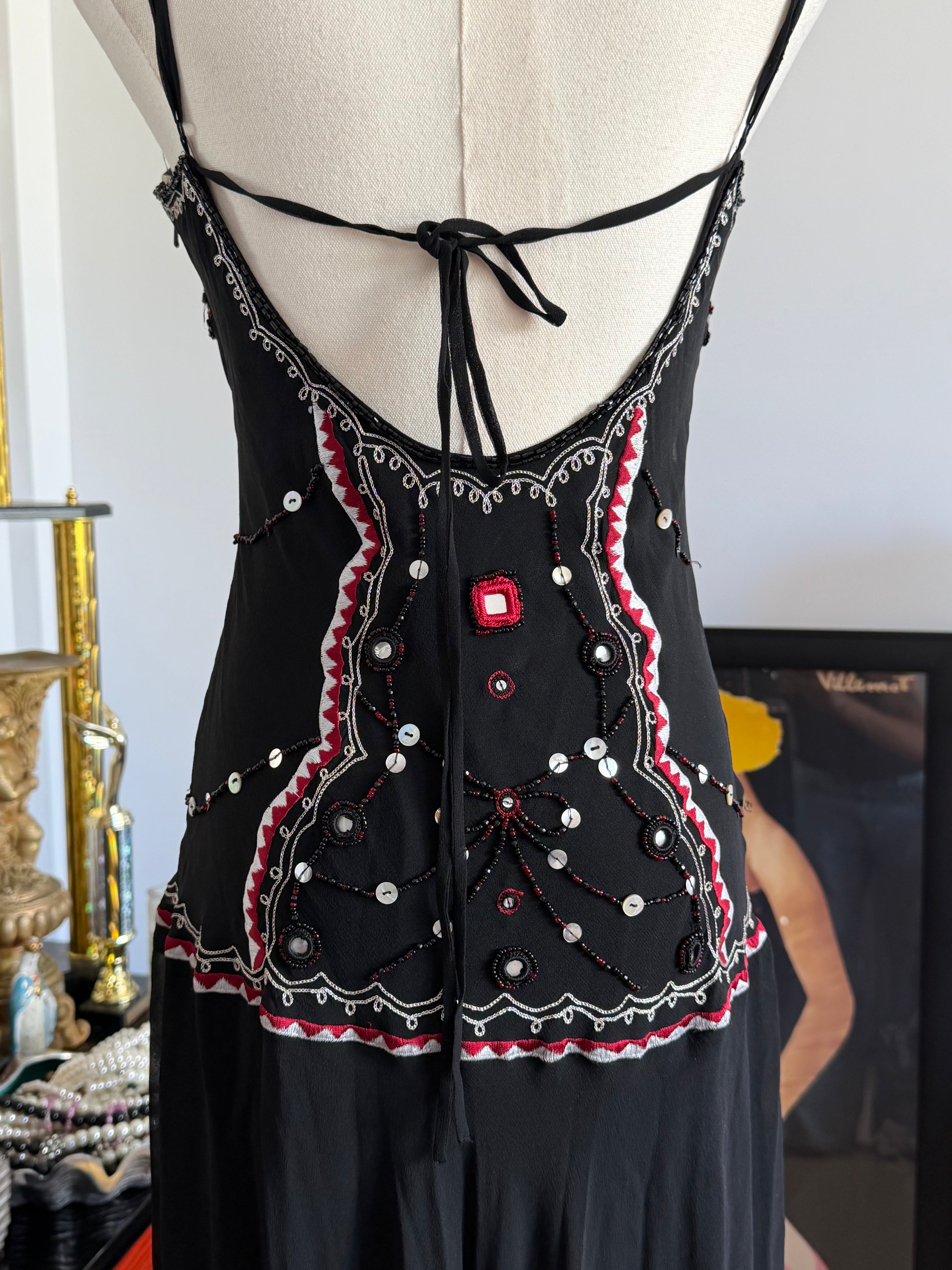 Vintage Sue Wong Black Silk Beaded Corset Illusion Handkerchief Dress – Arcane Angel