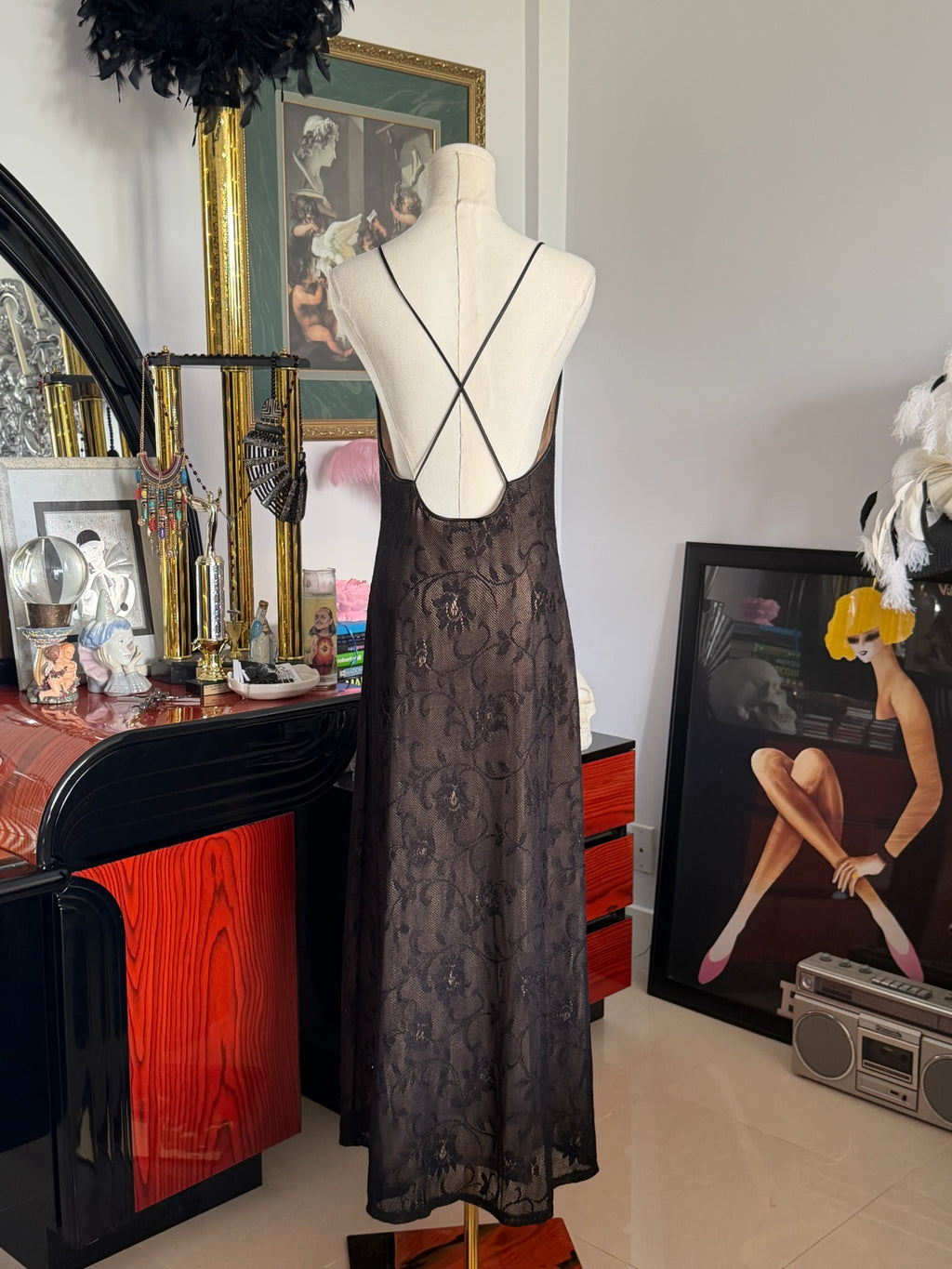 Vintage Sheer Black Lace Maxi Slip Dress | Open Crisscross Back | 90s Minimalist