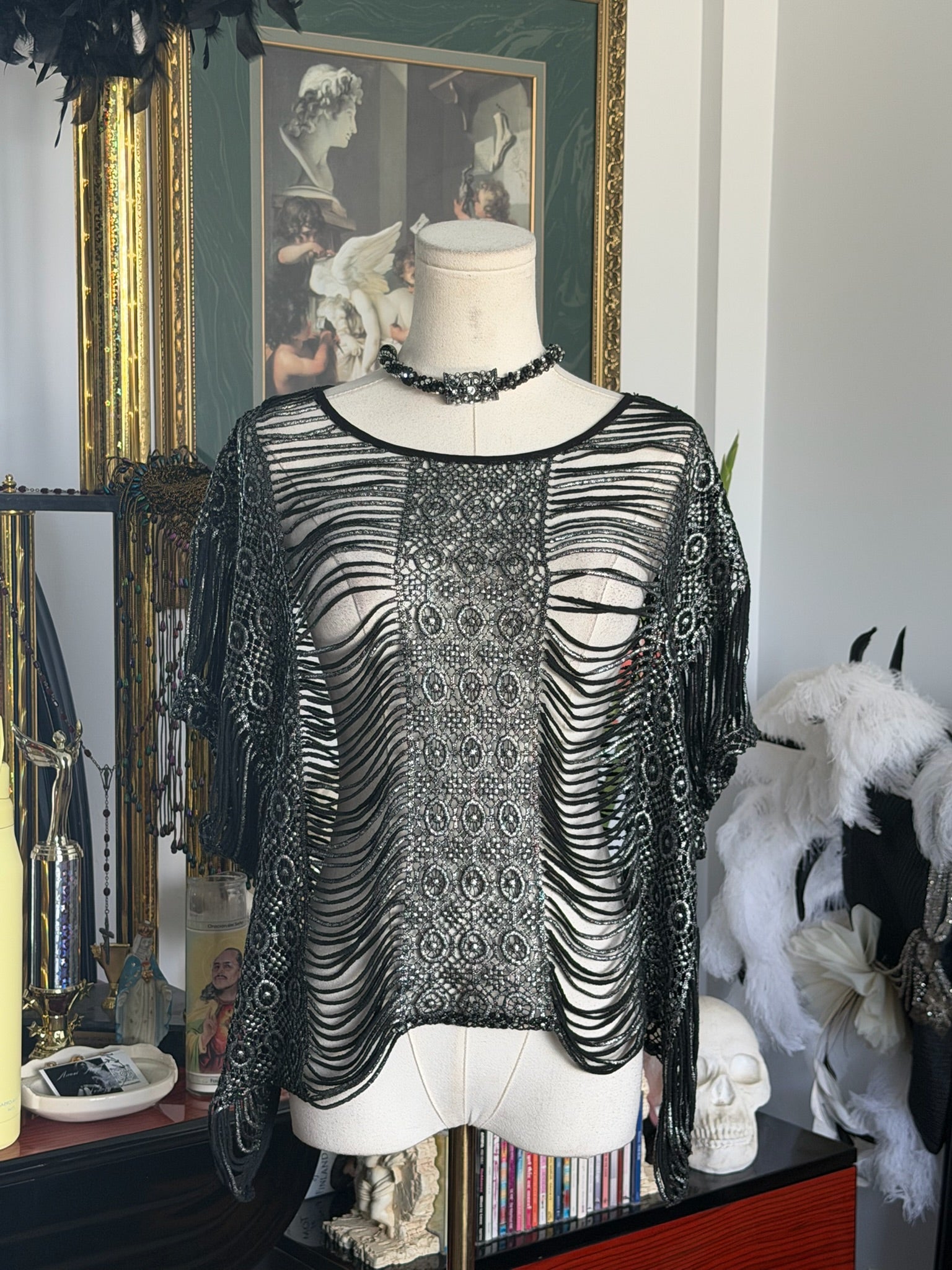 Metallic Open Knit Crochet Fringe Top | Sheer Layering Piece | S-L