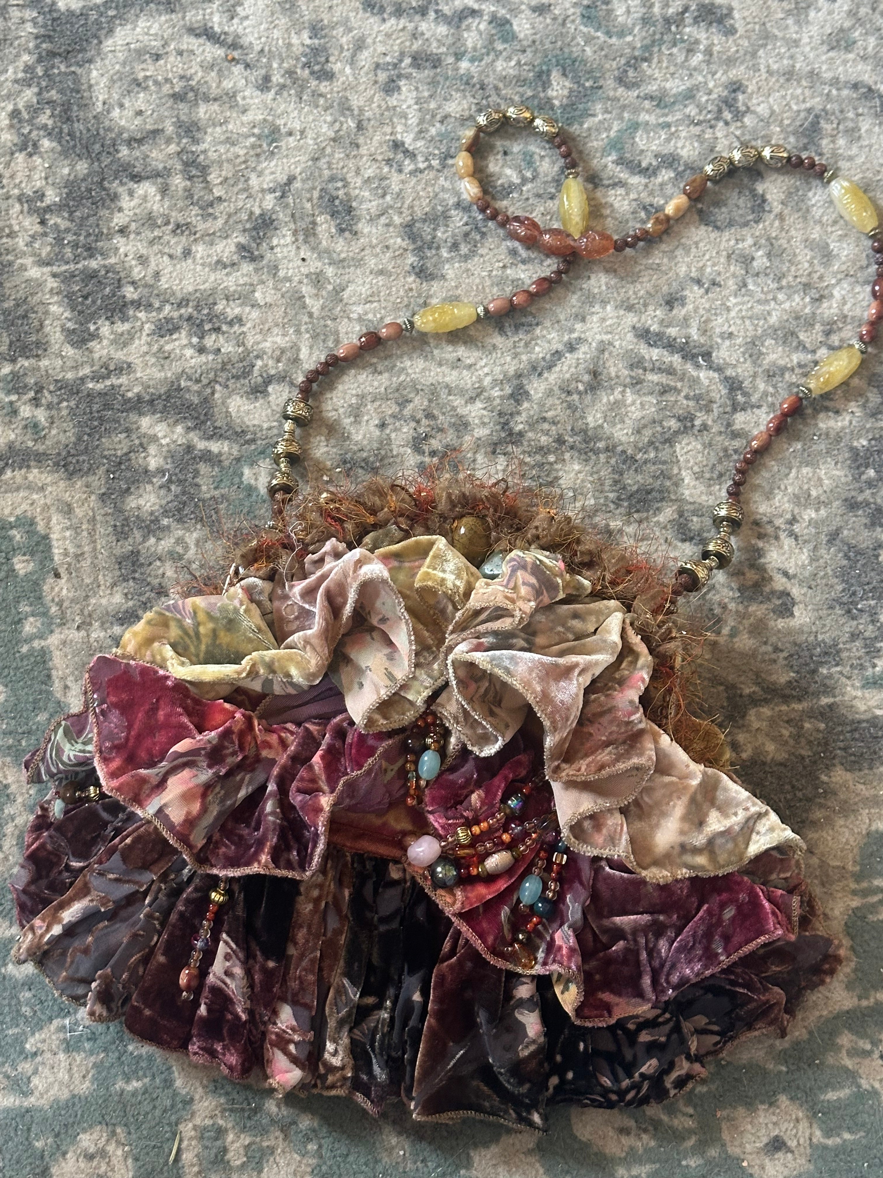 Mary Frances Vintage Beaded Velvet Ruffle Shoulder Bag