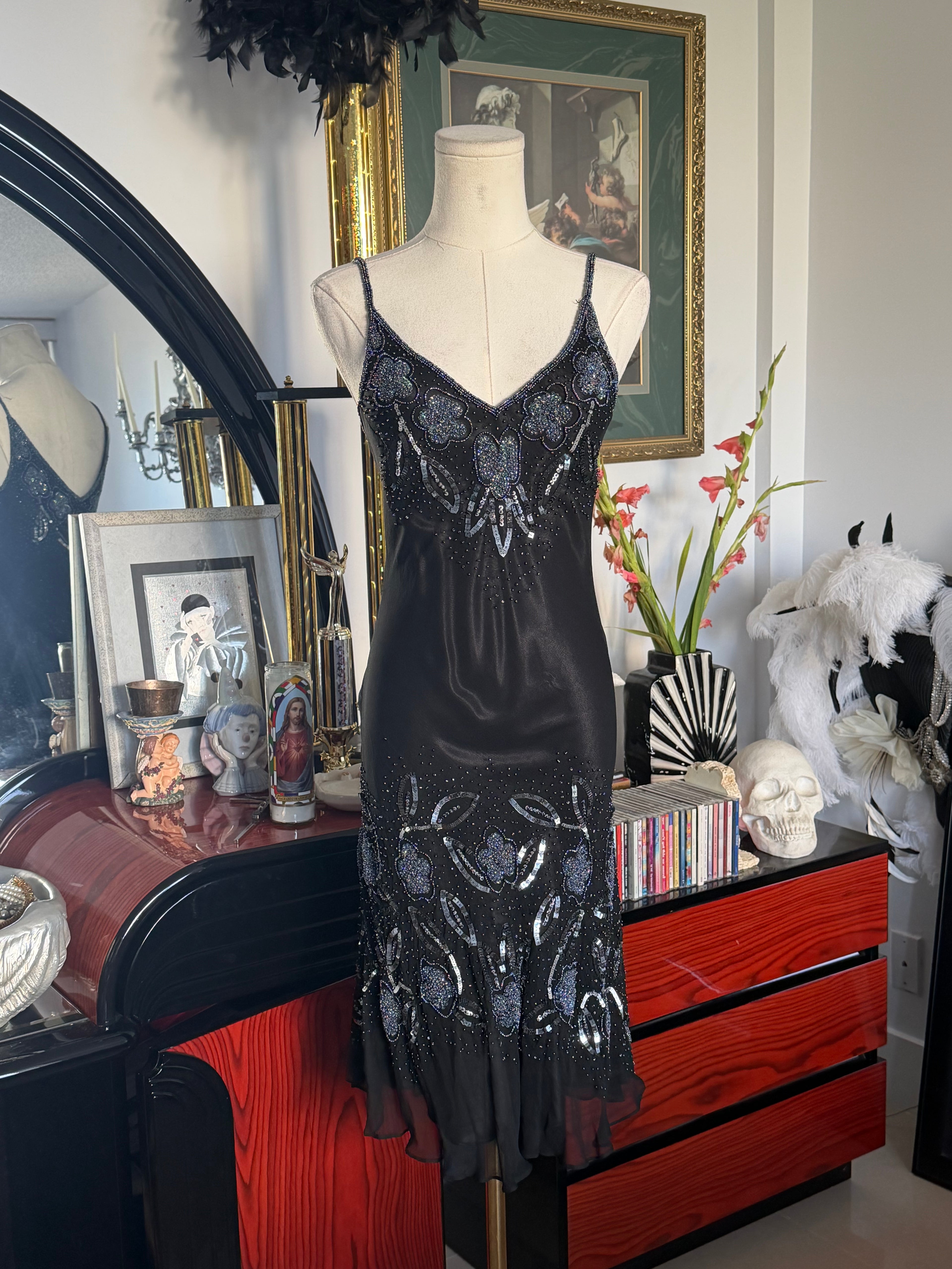 Papell Boutique Black Silk Beaded Floral Evening Dress — Size 4