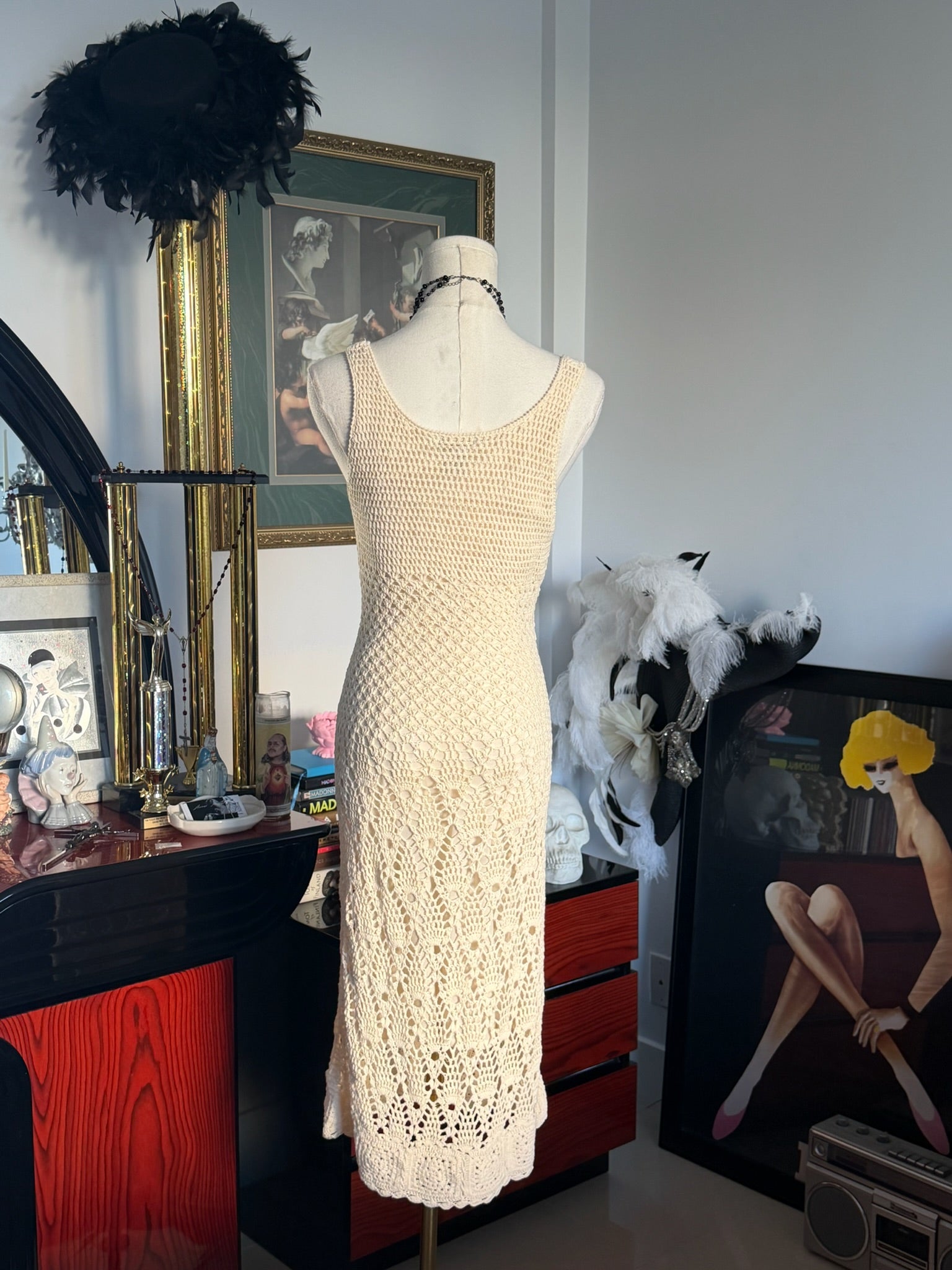 Ellavie Hand Crochet Knit Midi Dress – Cream Open Knit Cotton Cover-Up