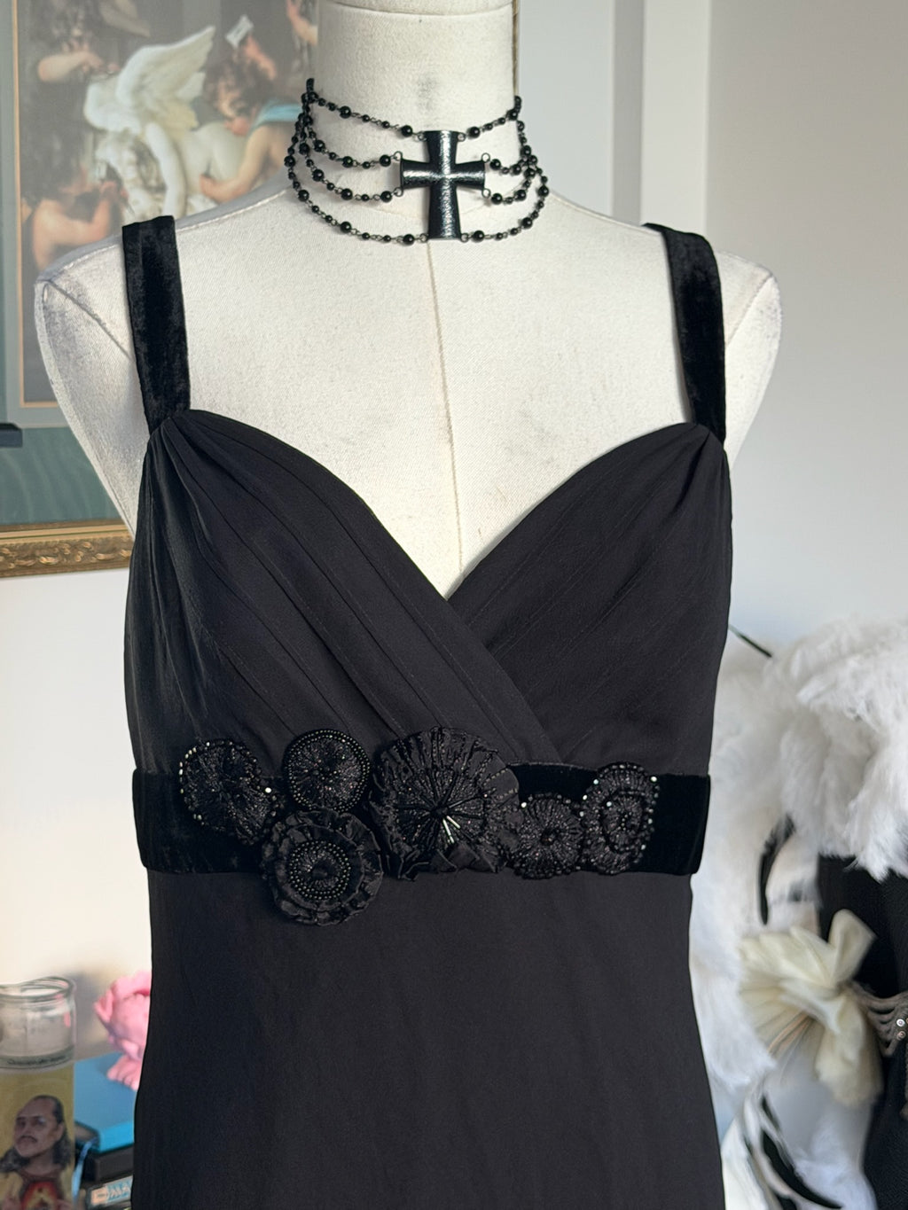 Nine West 100% Silk Black Cocktail Dress | Velvet Trim | Size 8