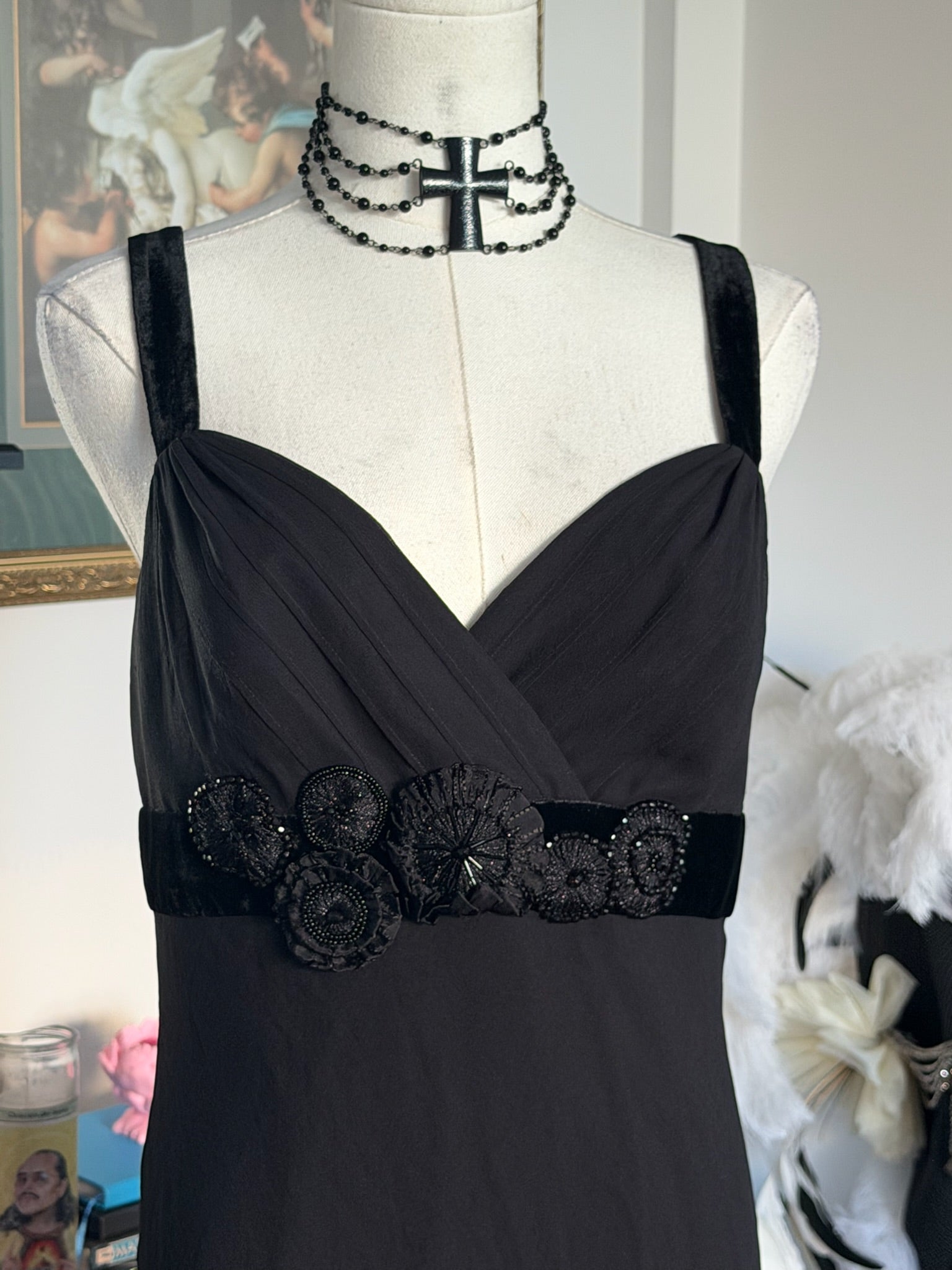 Nine West 100% Silk Black Cocktail Dress | Velvet Trim | Size 8