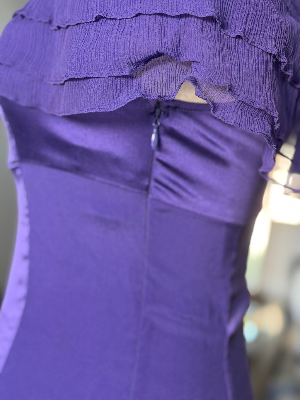 Vintage Marciano Purple Satin Ruffle Off Shoulder Top
