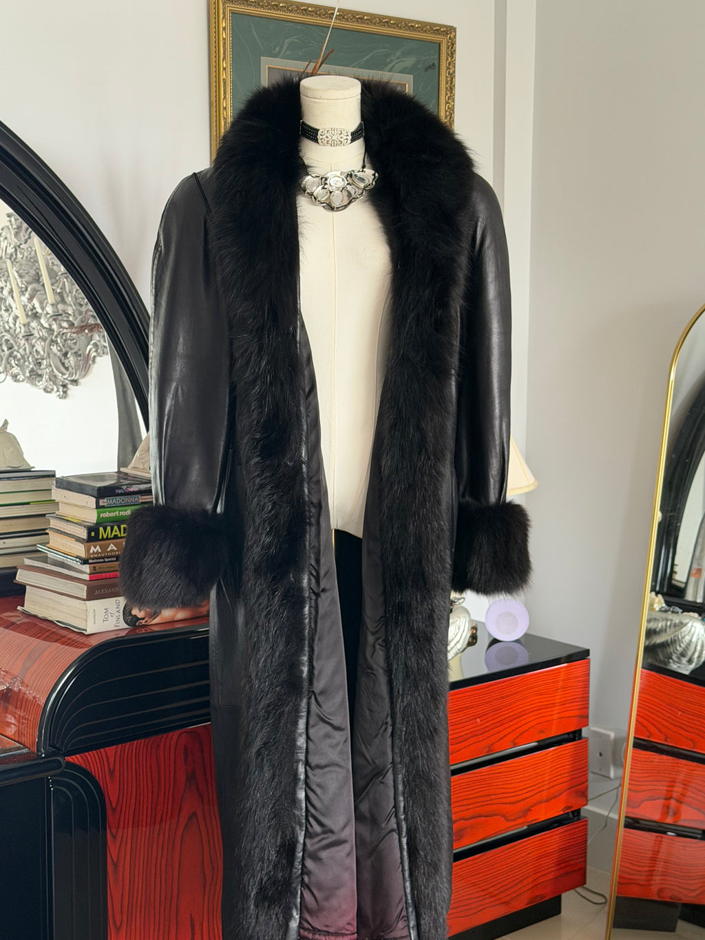 Thermi Vintage Black Nappa Leather Coat w/ Real Fur Trim + Snakeskin Panels (Longline)
