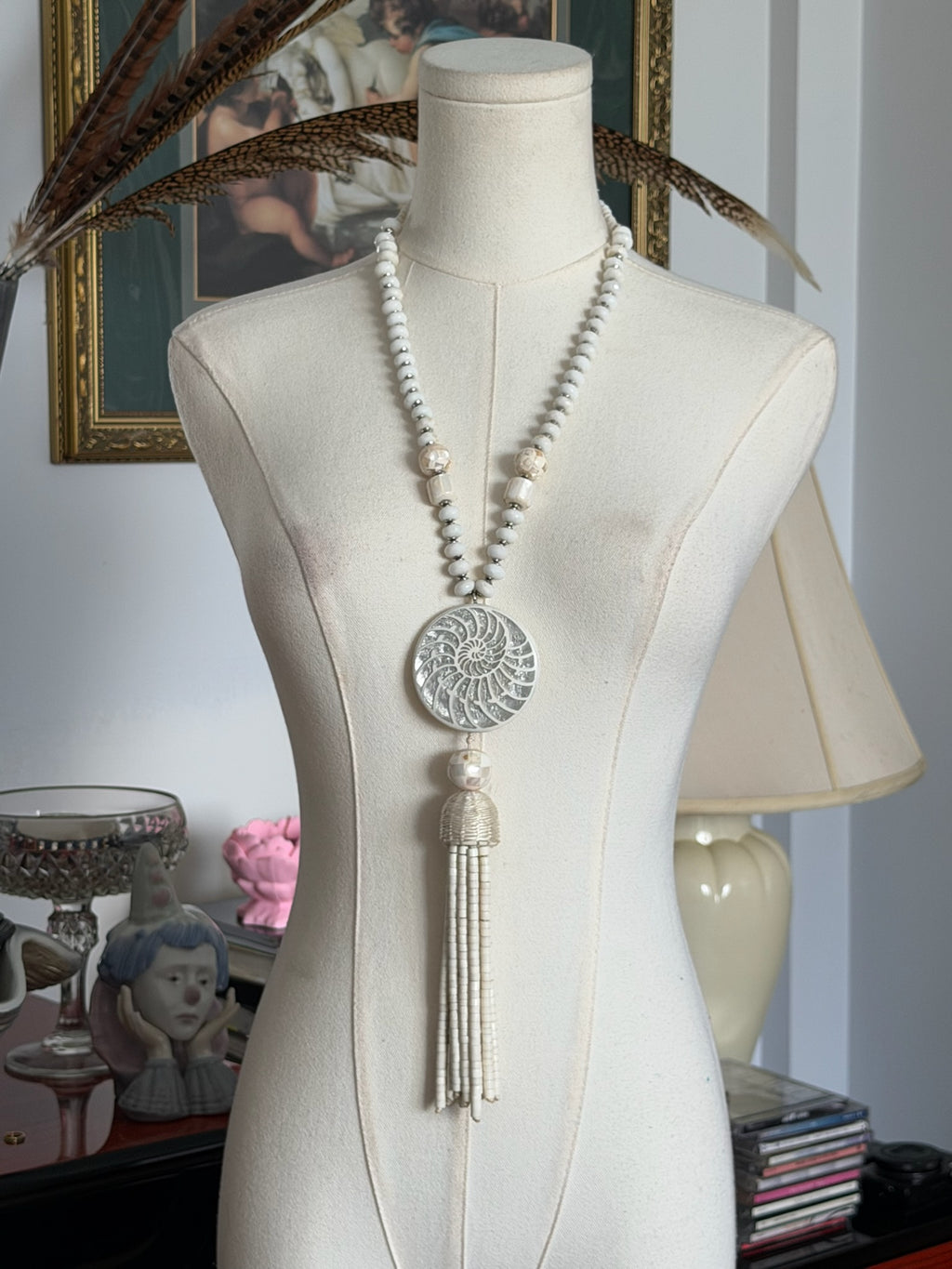 White beaded statement necklace