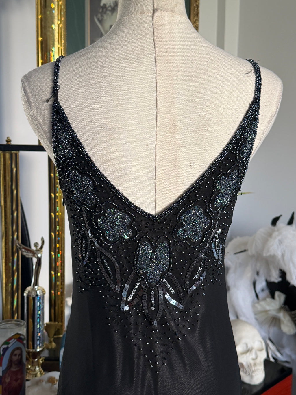 Papell Boutique Black Silk Beaded Floral Evening Dress — Size 4
