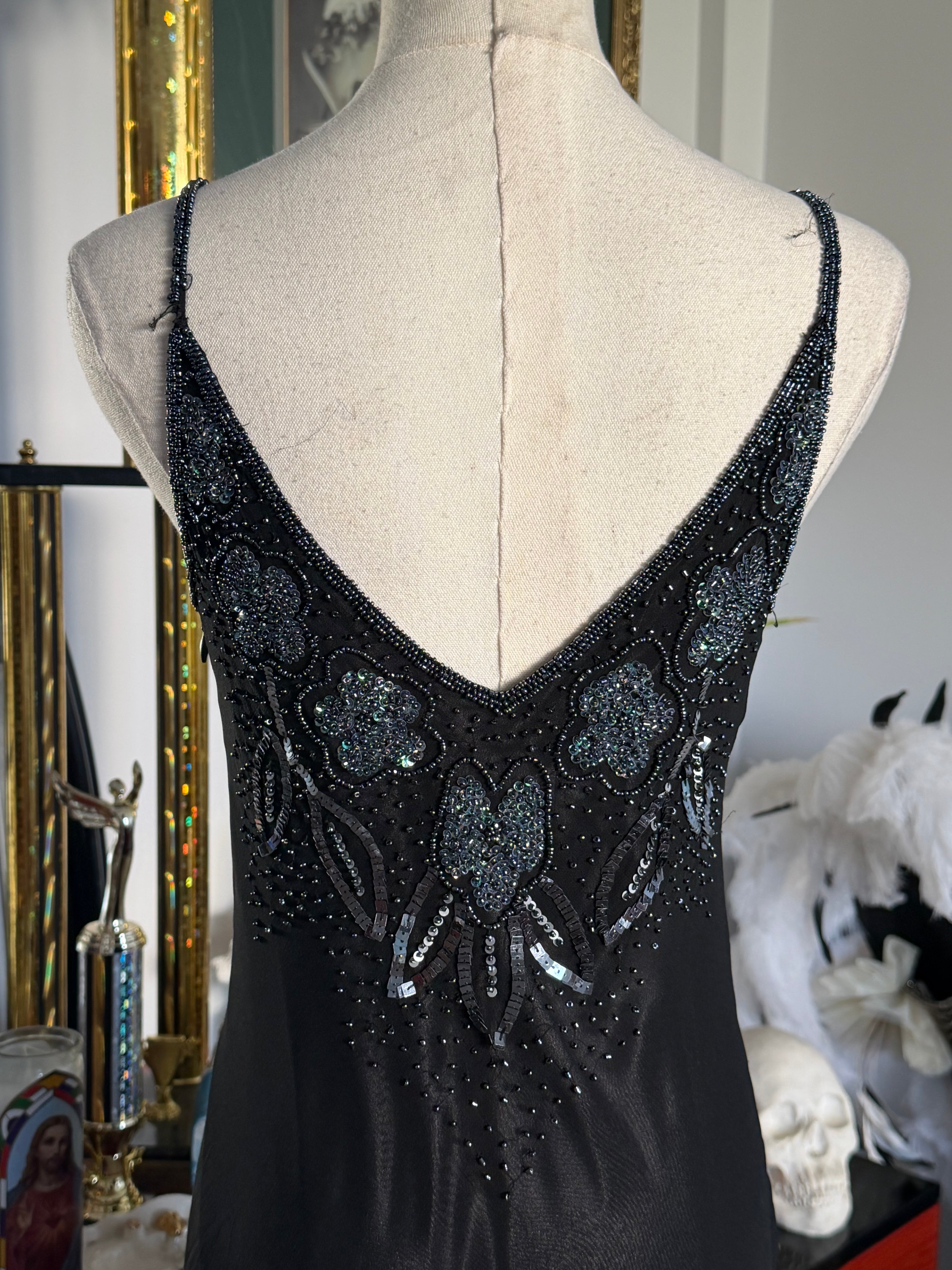 Papell Boutique Black Silk Beaded Floral Evening Dress — Size 4