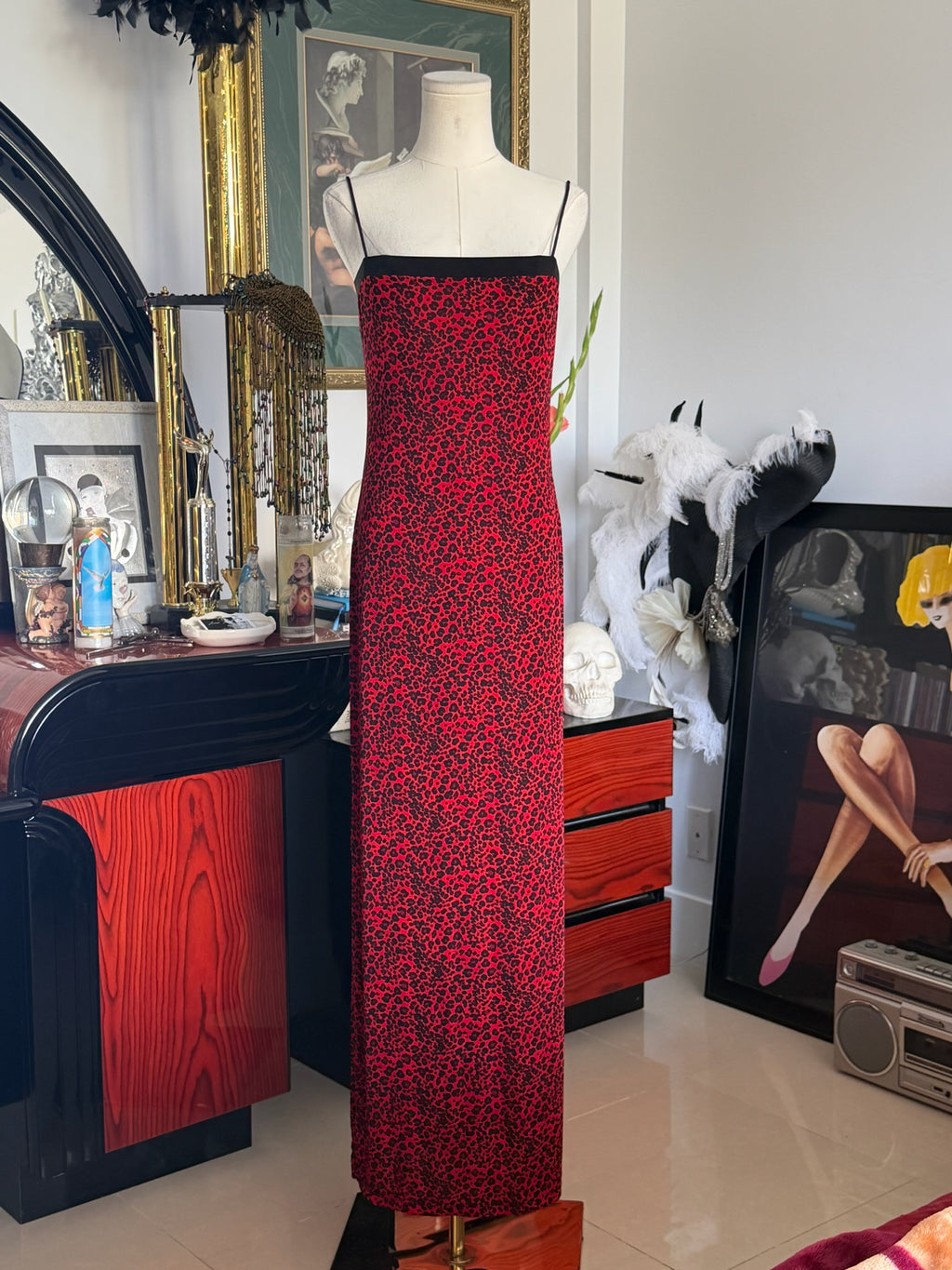 Y2K Red Leopard Print Maxi Slip Dress | DS by DMS | Body Skimming M-L