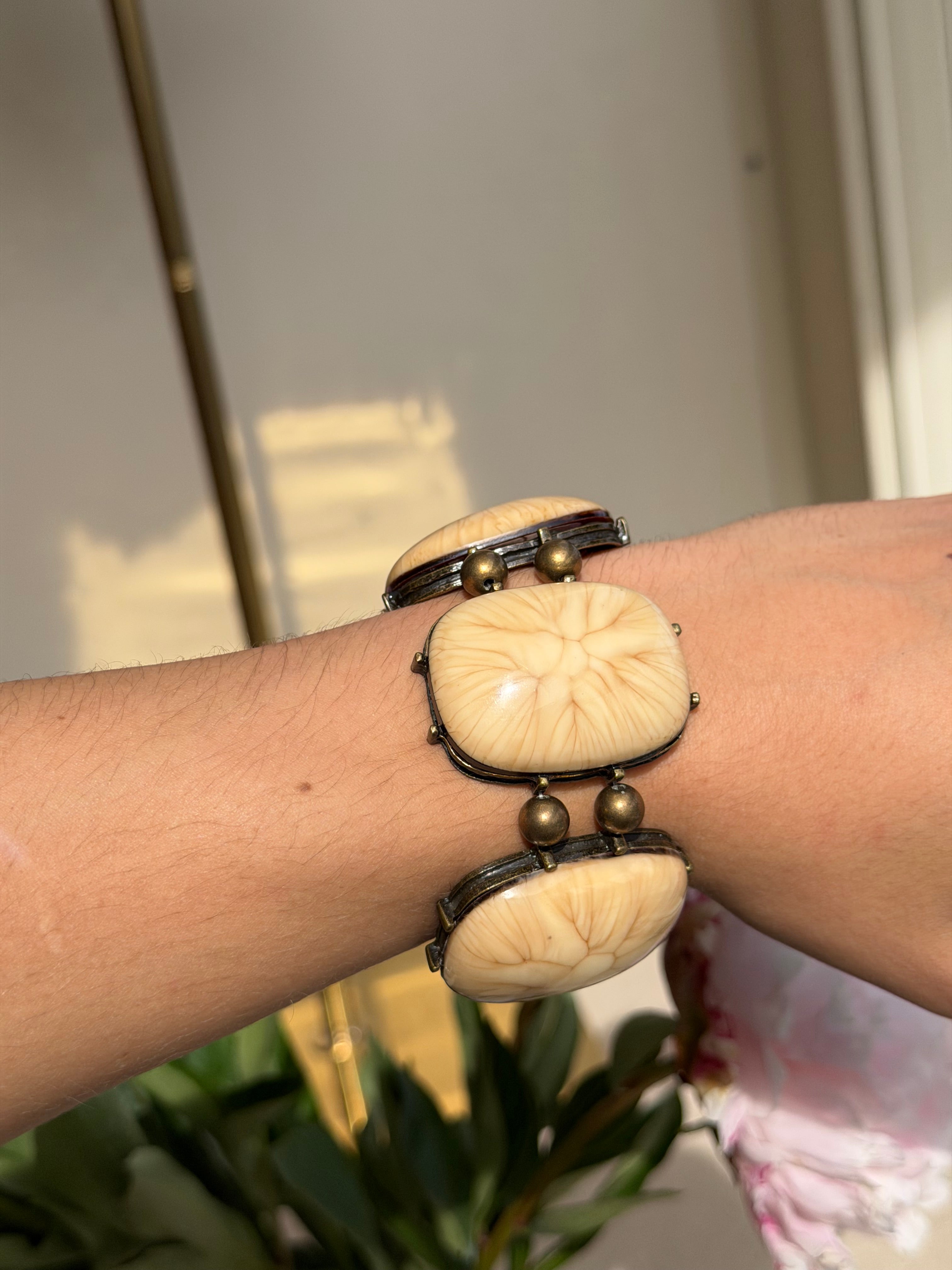 Ivory Carved Medallion Adjustable Statement Bracelet