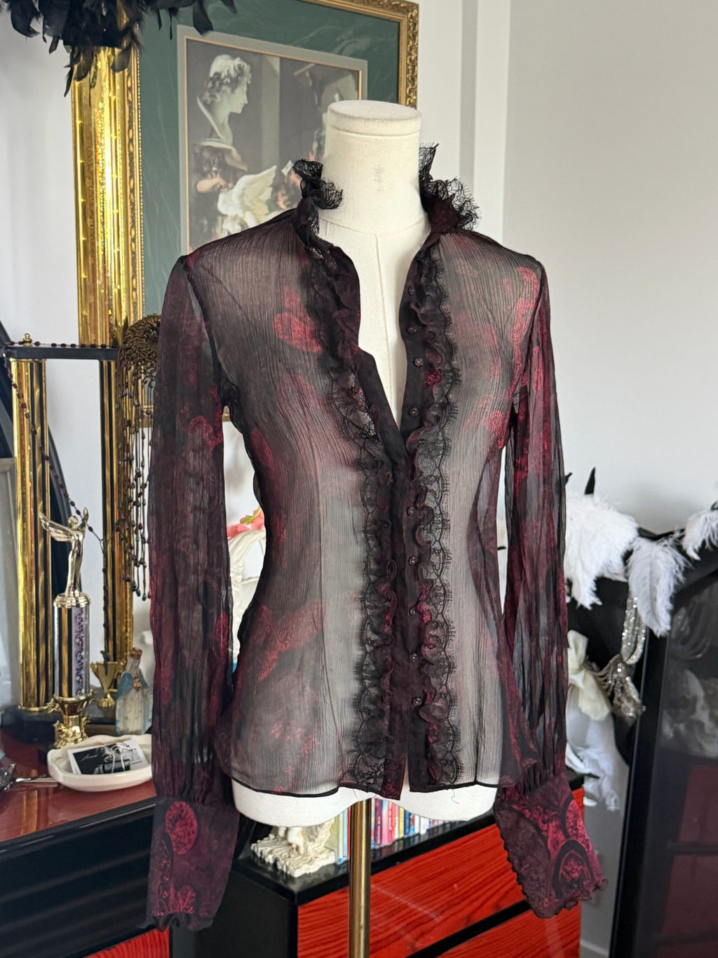 Eli Tahari Sheer Burgundy Gothic Ruffle Blouse