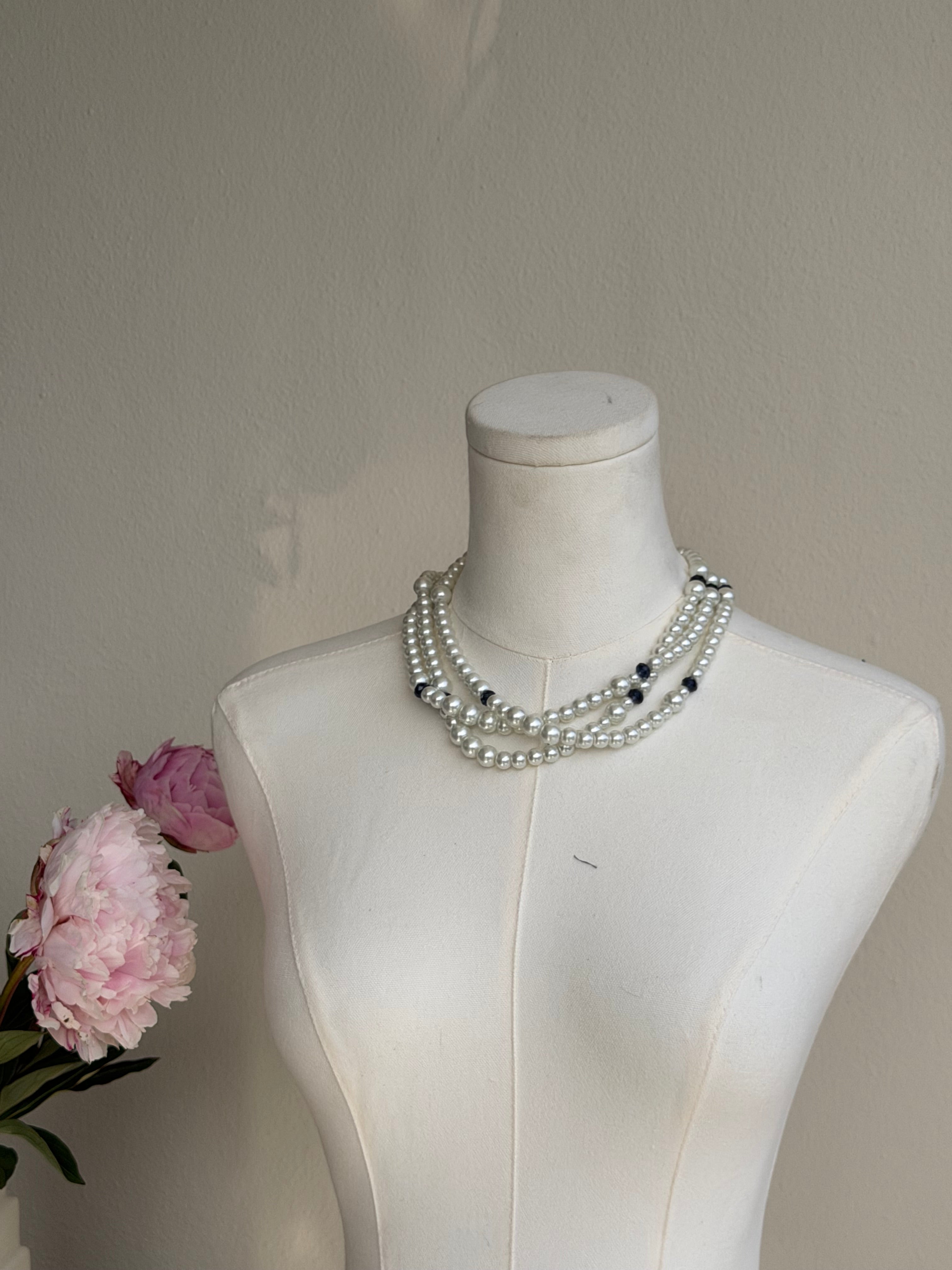 Vintage Multi-Strand Pearl Necklace with Black Crystal Accents