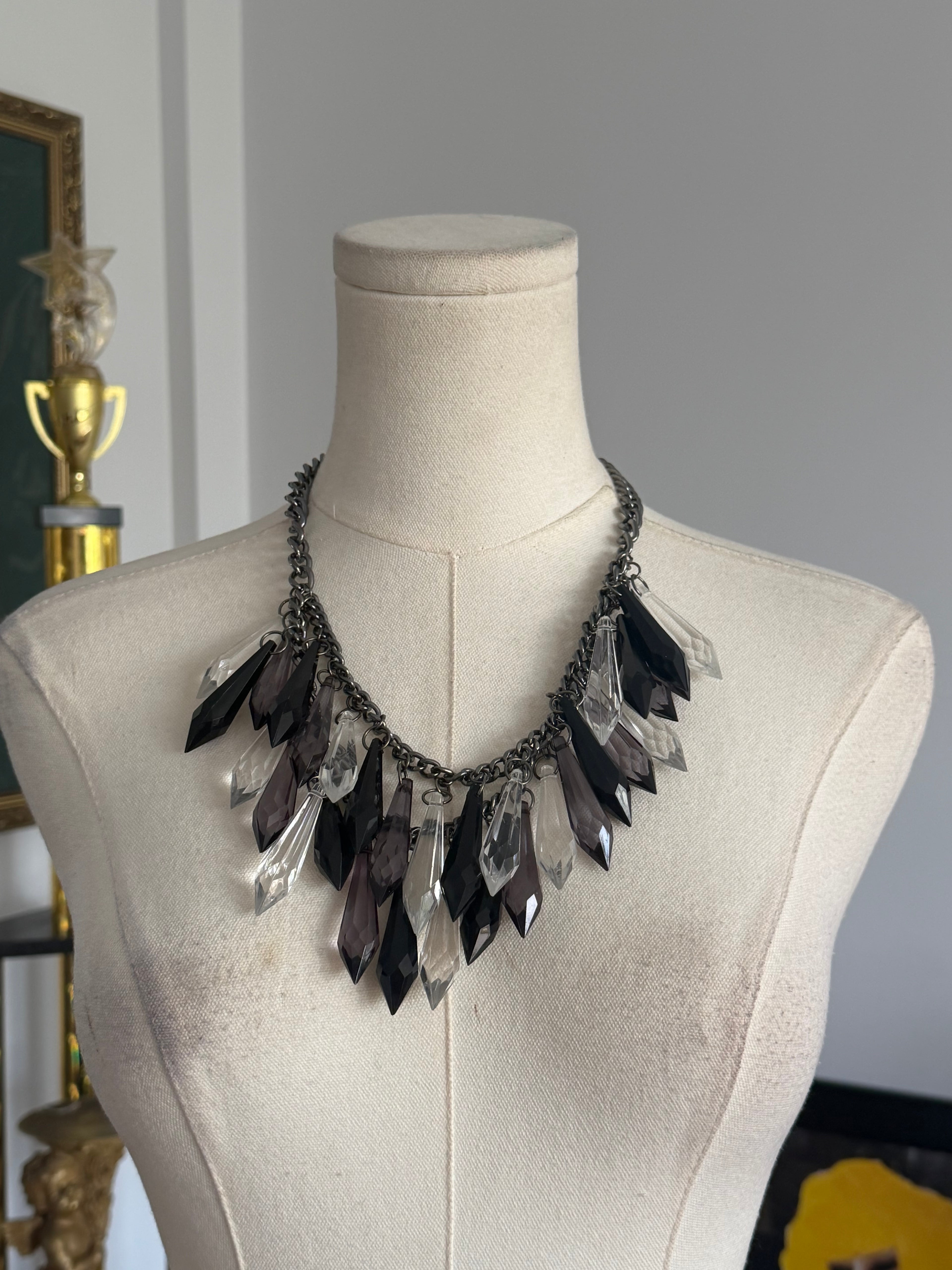 Gunmetal Crystal Fringe  Necklace