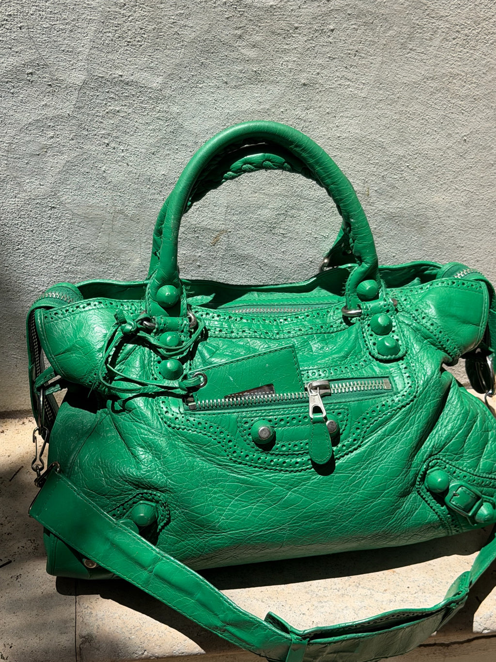 Balenciaga City Brogue Bag – Emerald Green Perforated Motorcycle Leather (2010s)