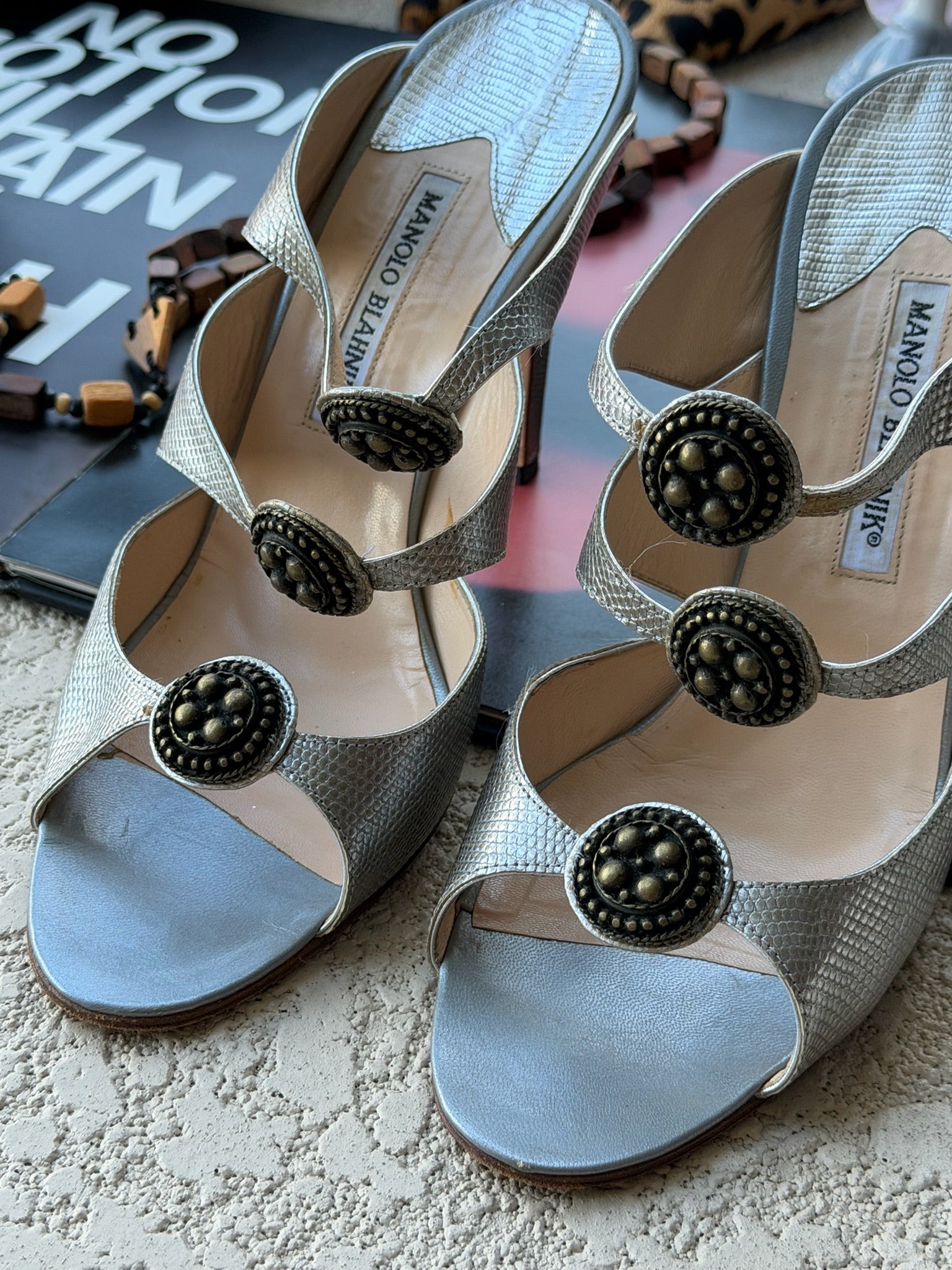 Manolo Blahnik Metallic Strappy Heels with Medallion Details – IT 41.5 (Fits IT 40 / US 10)