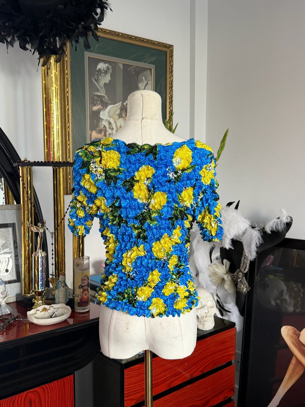 Textured Blue & Yellow Floral Stretch Top