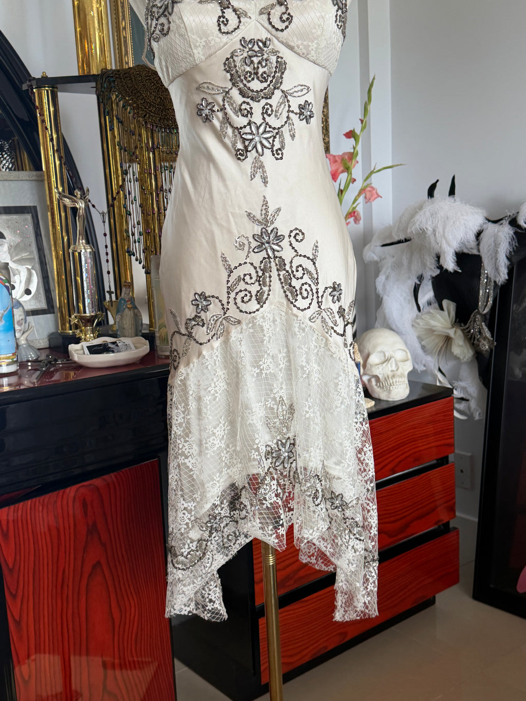 Vintage Sue Wong  Ivory Silk Beaded Lace Dress