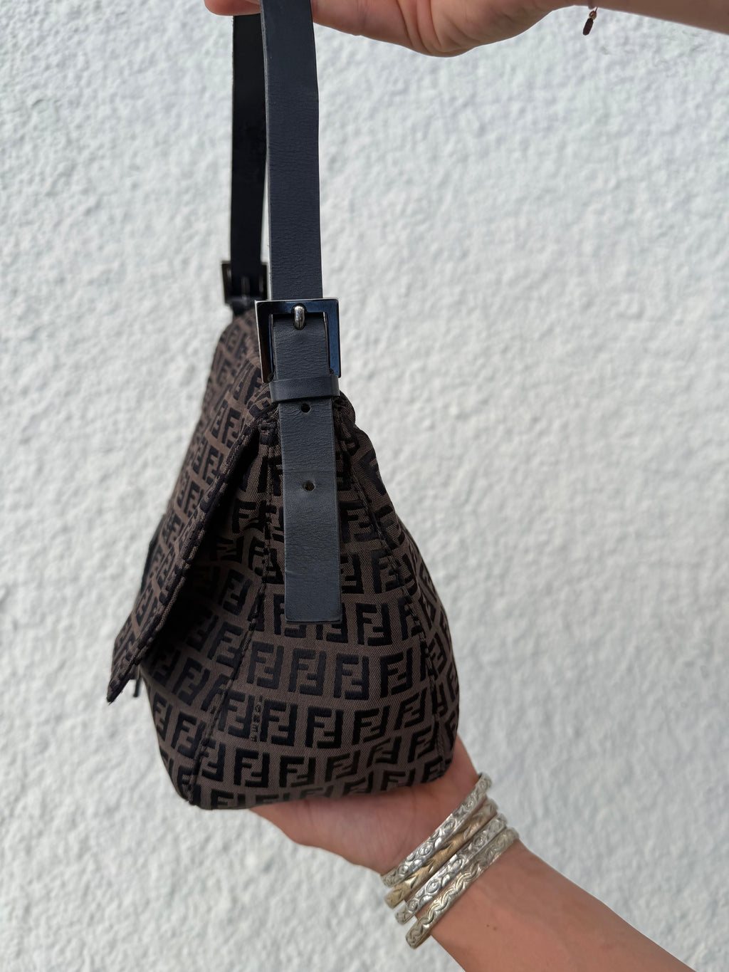 Fendi Mamma Baguette / Large Zucca Canvas Shoulder Bag — Brown & Black / Silver Hardware