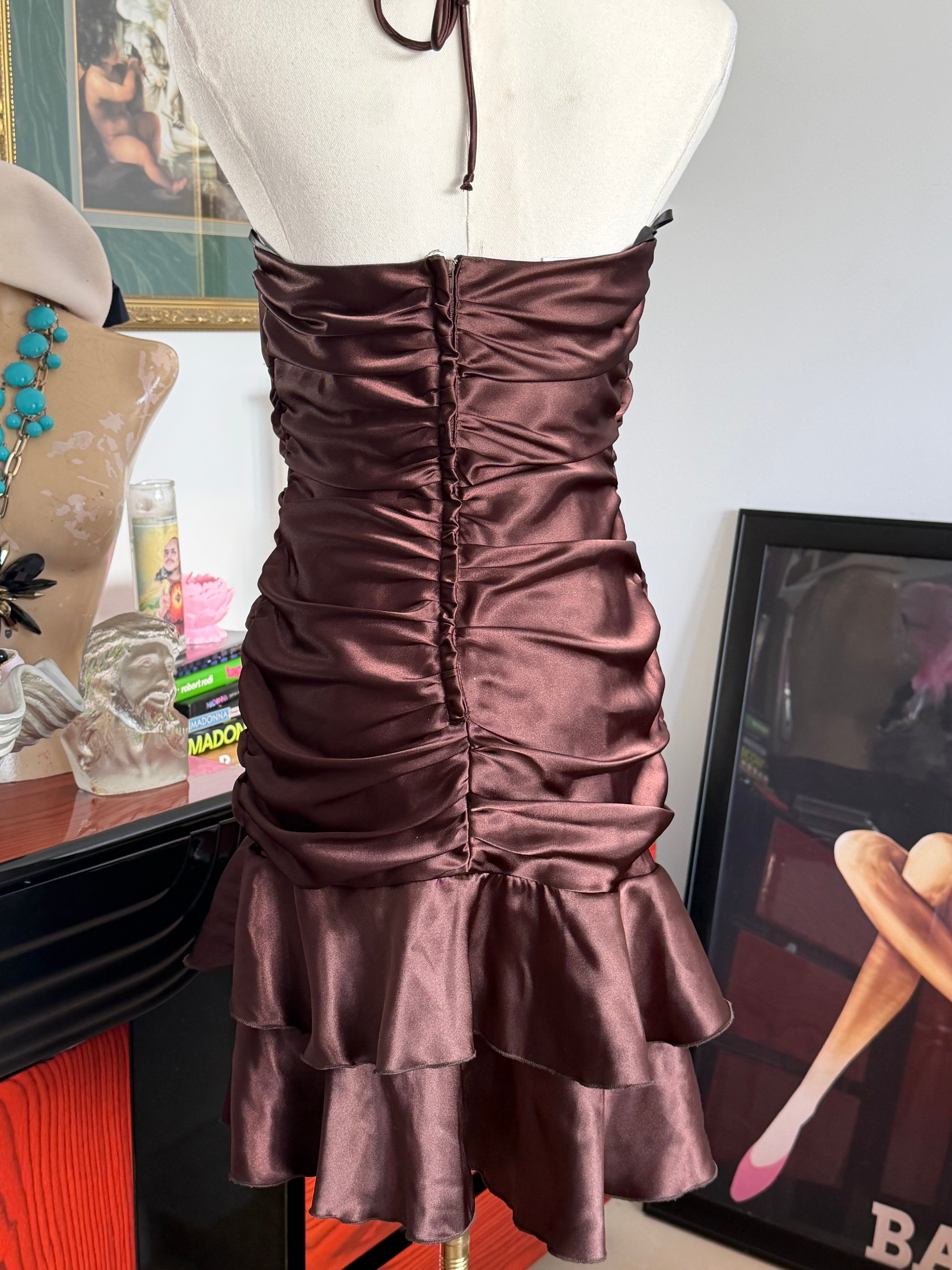 Vintage Y2K Chocolate Satin Ruched Party Dress -S