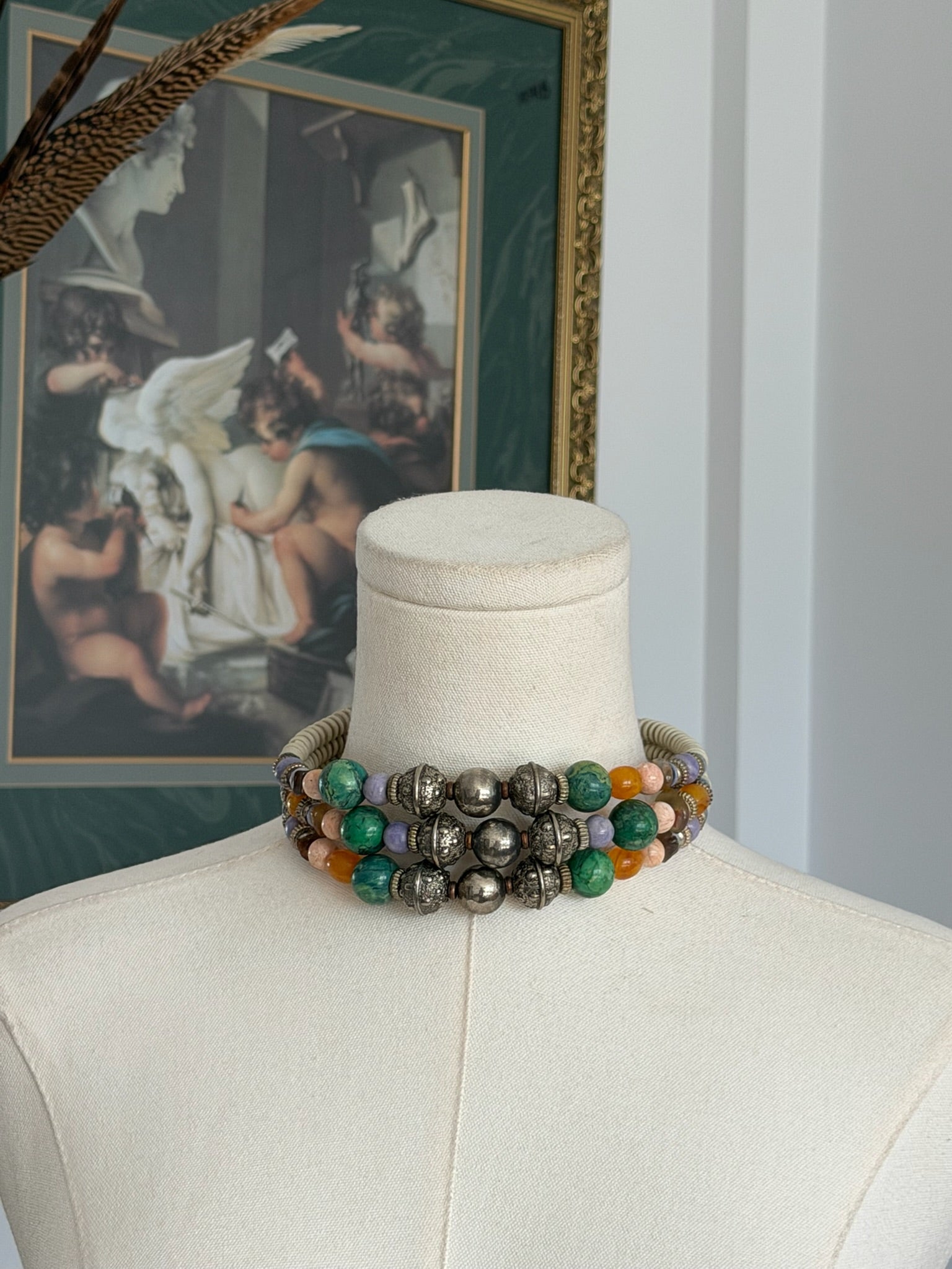 Multi Strand Green Glass Bead Necklace
