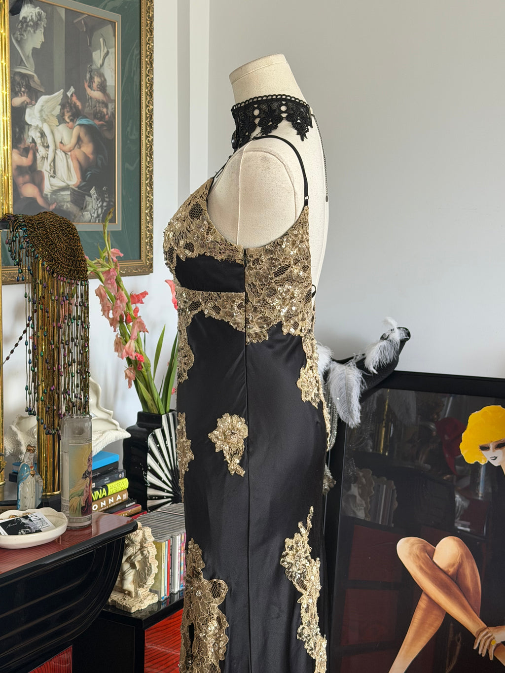 Vintage Caché Black & Gold Embellished Lace Evening Gown
